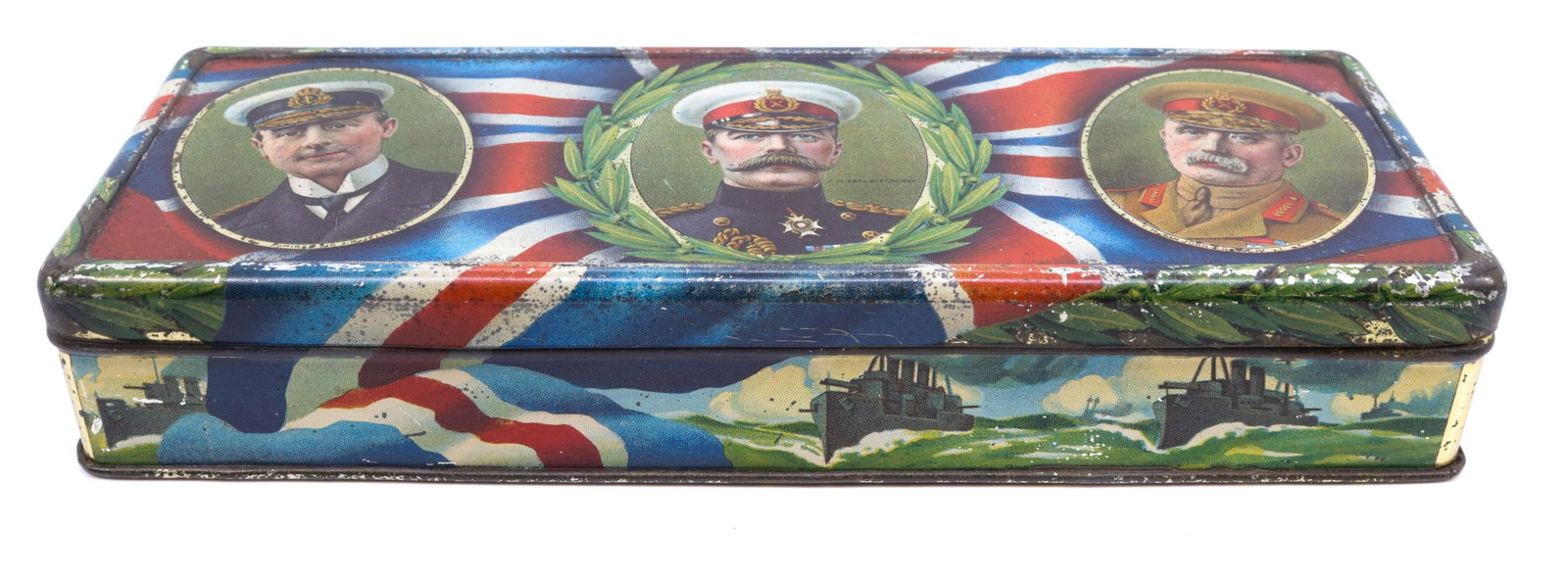 NEEDLERS BISCUIT TIN: MILITARY FIGURES, BATTLESHIPS, ZEPPELIN AND MORE 1 3/8" X 8 1/2"