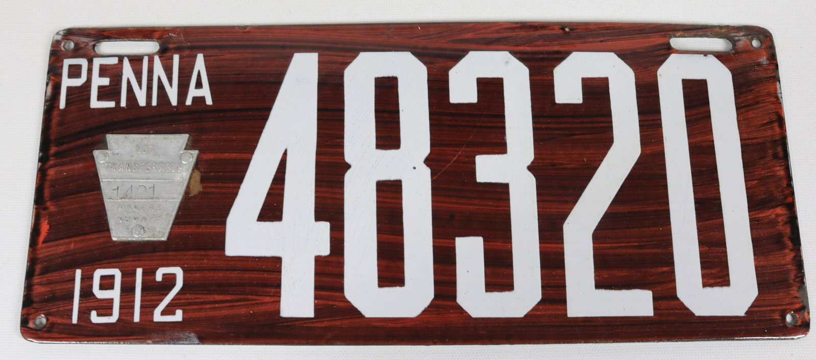 1912 PENNSYLVANIA PORCELAIN LICENSE PLATE: #48320, BRILLIANT MFG. CO. RIDGE AVE, PHILADELPHIA - KEYSTONE BADGE# 1491 6" X 14"