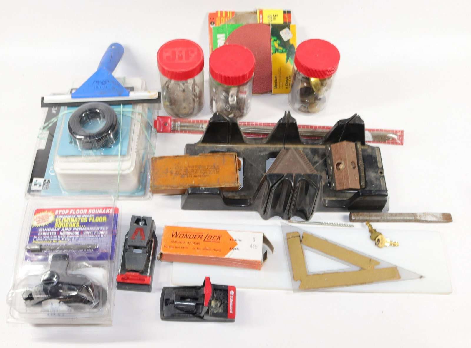 GROUP LOT OF TOOLS AND PARTS: INCLUDING: STANLEY MITRE BOX, SANDING DISCS, SQUEAK ELIMINATION, KIT, WIRED BELL CHIME, SHARPENING STONE AND MORE