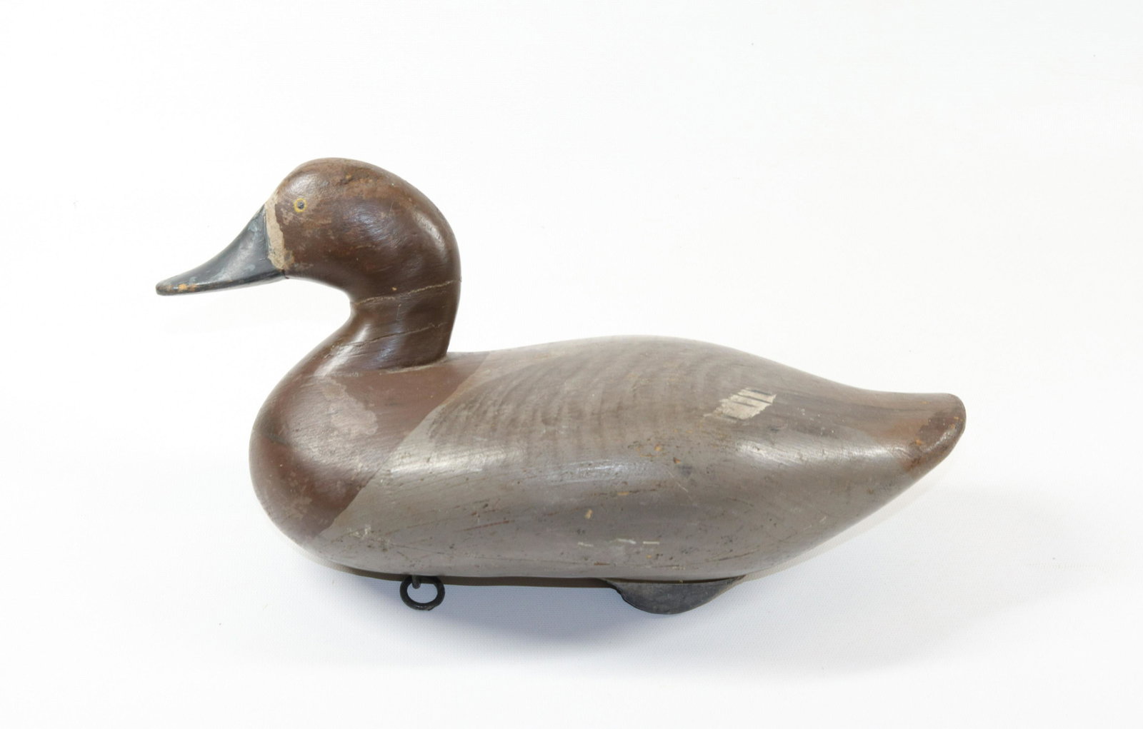 HAND PAINTED DUCK DECOY: PAINTED BODY, BLUE BILL WITH PAPER LABEL ON BOTTOM "MADISON MITCHELL" Size: 13 3/4" L