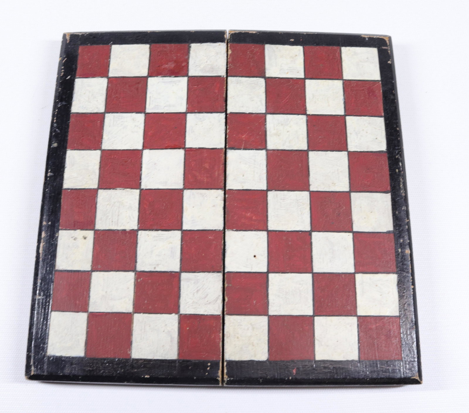PAINTED FOLD-UP GAMEBOARD: BLACK, RED AND WHITE. HINGED CENTER. PETITE SIZE Size: 9" X 9" OPEN