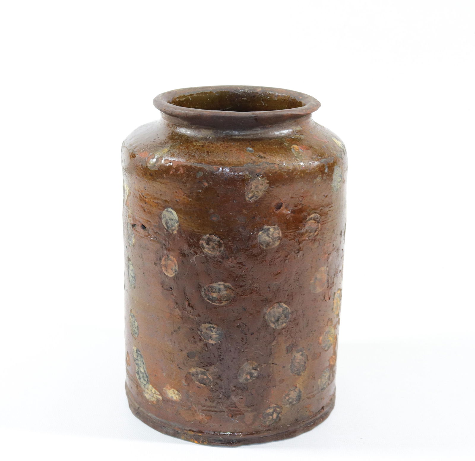 DECORATED REDWARE PRESERVE JAR: SLIP DOTTED PATTERN ON EXTERIOR Size: 8 1/2" H