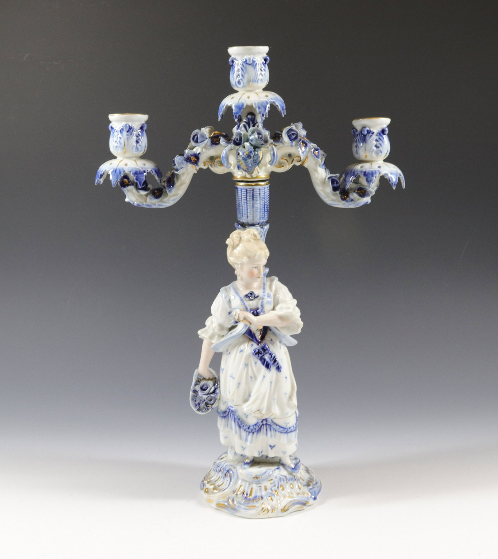 COBALT AND WHITE FIGURINE CANDELABRAS: BLUE UNDERGLAZE MARK - FINELY DETAILED FACES Size: 16 1/2" X 11"