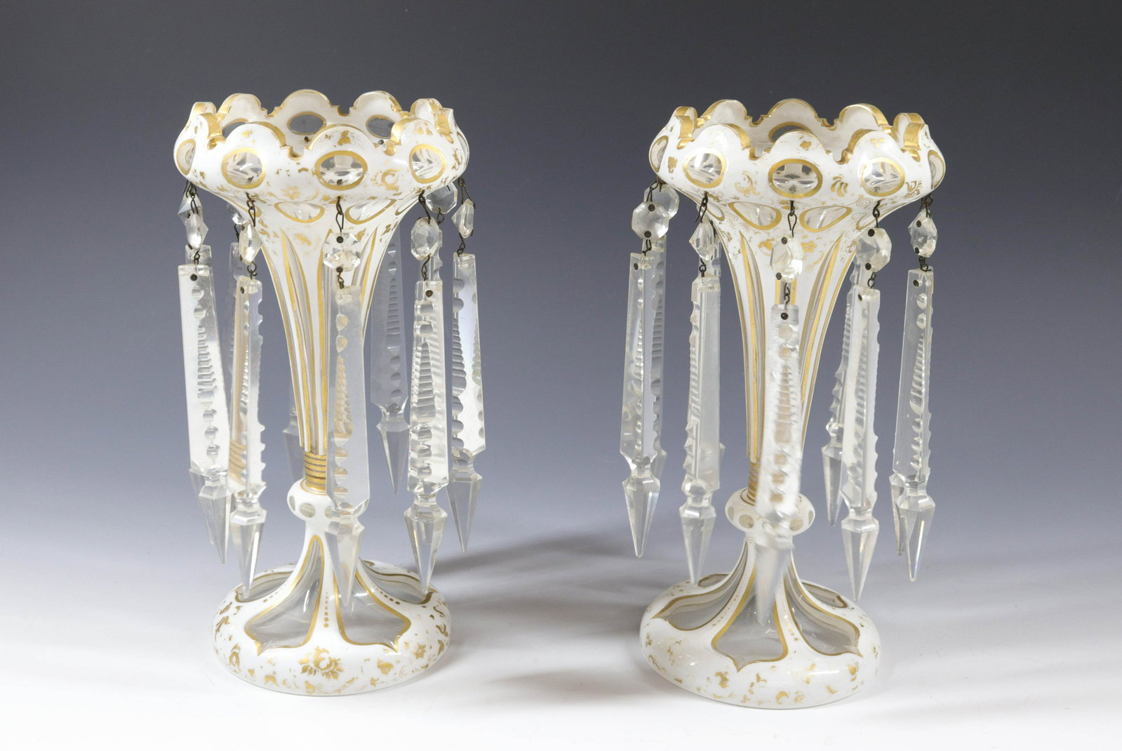 PR. OF CUT GARNITURE OVERLAY VASES: PRISMS WITH OVERLAY WHITE CUT TO CLEAR - GOLD DECORATION Size: 10" X 5"