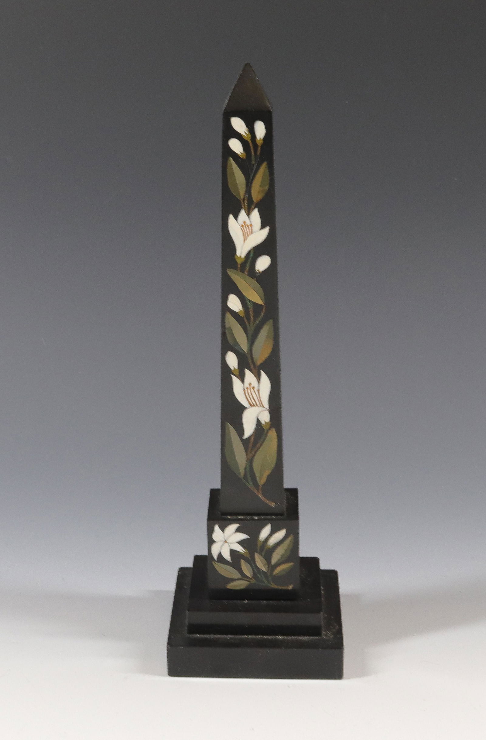 PIETRA DURA OBELISK: STONE OBELISK WITH FLORAL DESIGN Size: 11"