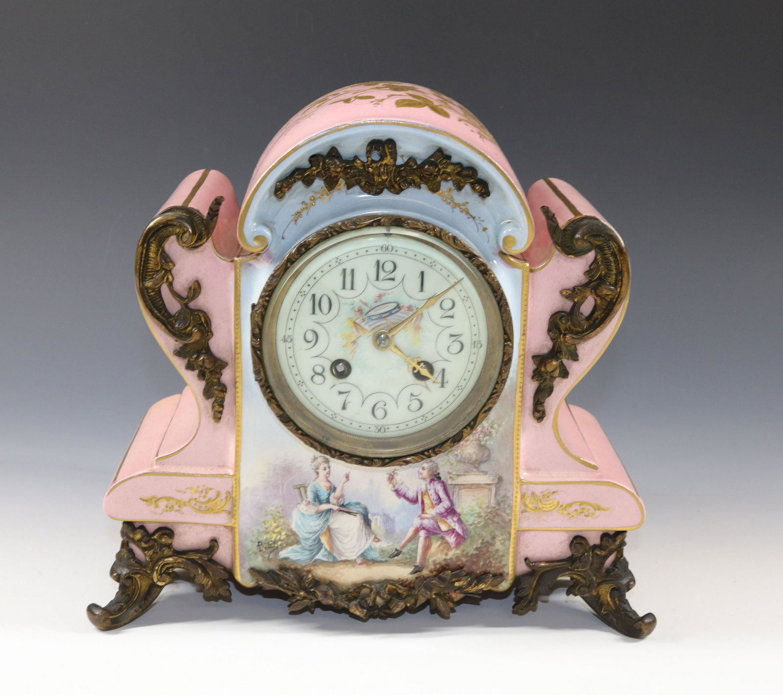 FRENCH PAINTED PORCELAIN CLOCK: SIGNED "PETIT" (JACOB PETIT) - CARRIAGE CLOCK HAS FINE BRASS MOUNTS AND CHIMES - Size: 4 1/2" X 3 " X 3"
