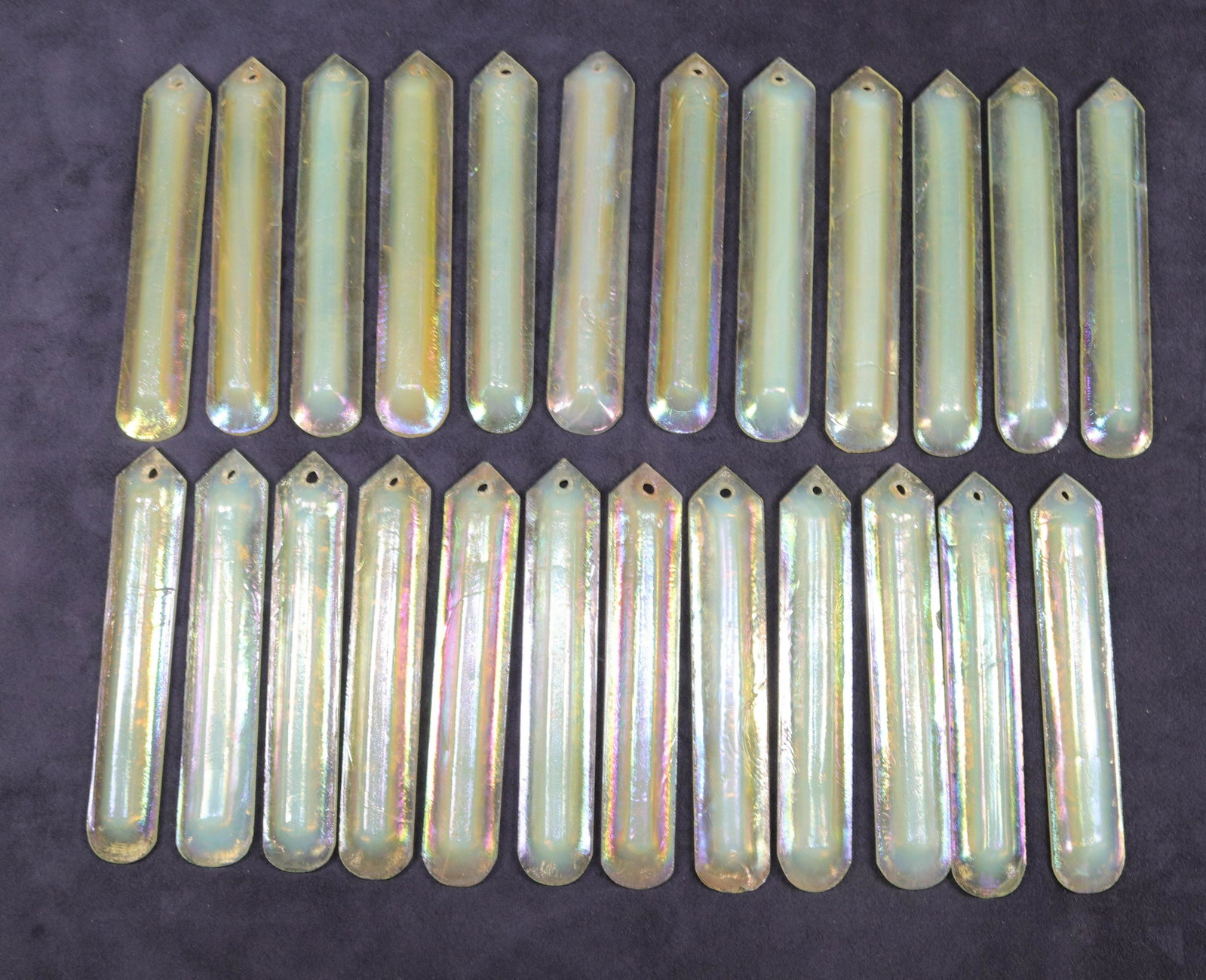 TIFFANY STUDIOS GLASS PRISMS: (24) UNMARKED IRIDESCENT PRISMS Size: 6" X 1"