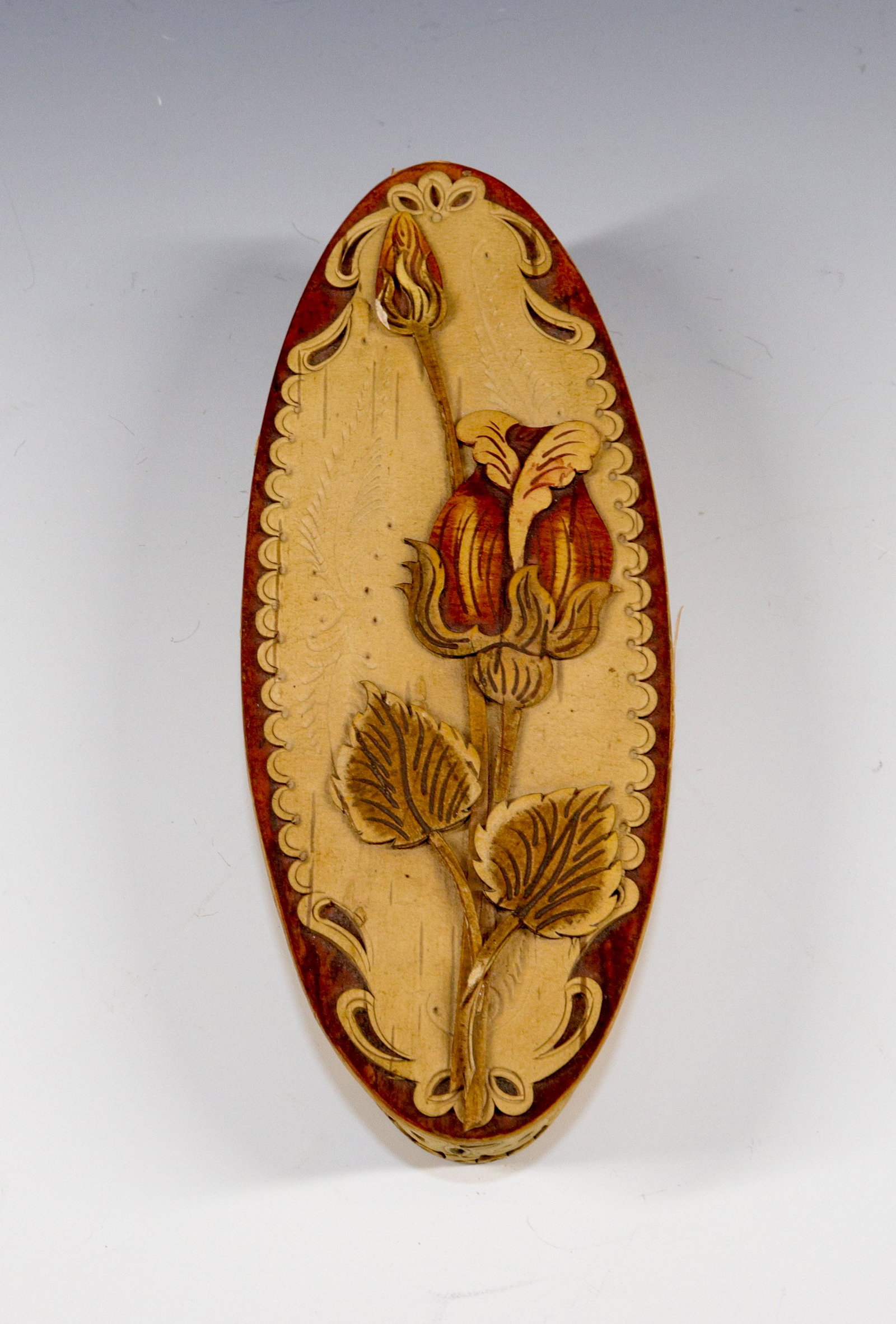 HAND TOOLED BIRCH BOX: OVAL HAND TOOLED BOX BY; "NICHOLI MACROFF" Size: