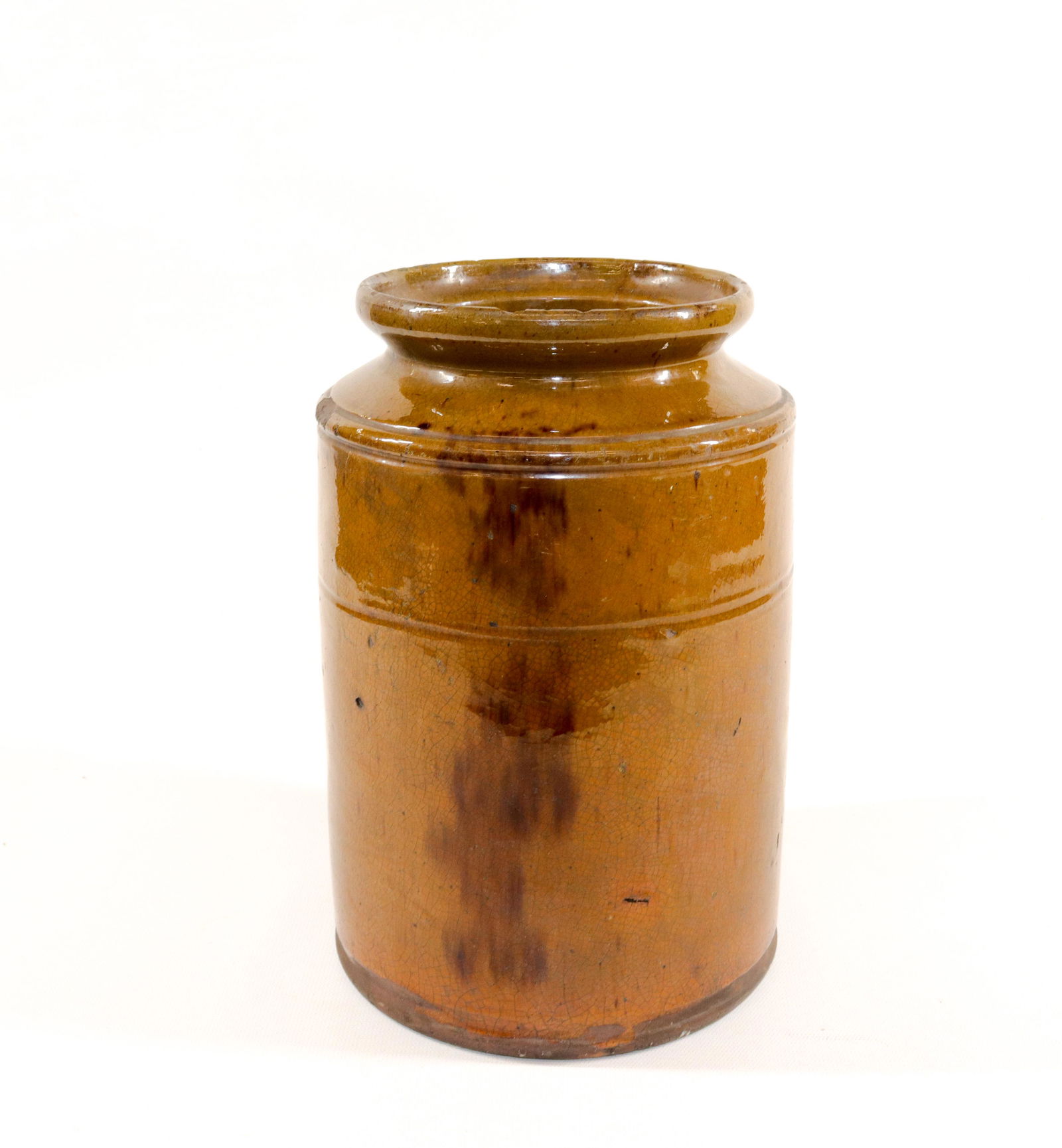 REDWARE PRESERVE JAR: LIGHT COLOR GLAZED JAR WITH BROWN MANGANESE SPOTTING - CYLINDRICAL SHAPE WITH FLARED LIP Size: 9 1/2" X 6 1/2"