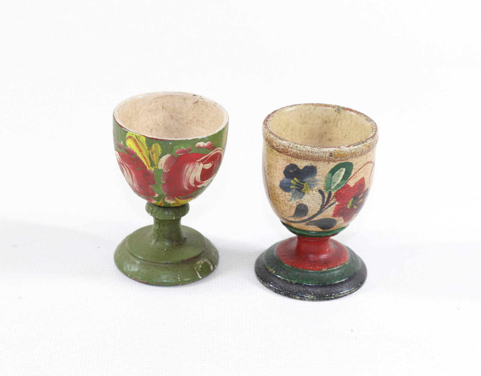 PR. OF PAINTED WOODEN EGG CUPS: (2) TURNED WOODEN EGG CUPS - "LEHNWARE" STYLE Size: 2 3/4" H