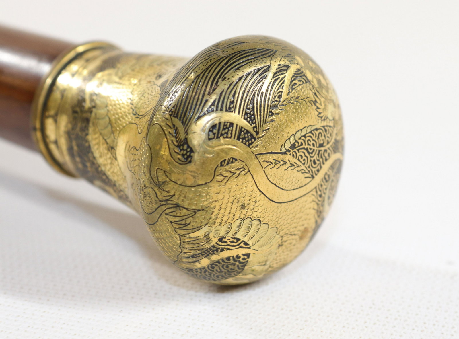 JAPANESE DAMASCENE DRAGON CANE: 19TH CENTURY CIRCA 1890'S - BRASS KNOB HANDLE, BIRCH SHAFT, AND BRASS FERRULE - ENGLISH Size: 35"