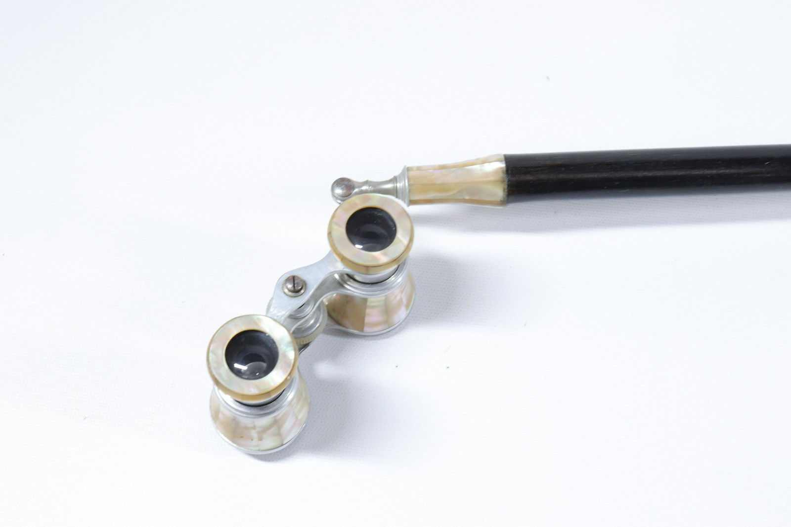 FRENCH NOVELTY CANE: RECORD MARKED MOTHER OF PEARL OPERA GLASSES ON HARDWOOD SHAFT WITH BRASS FERRULE Size: 33"