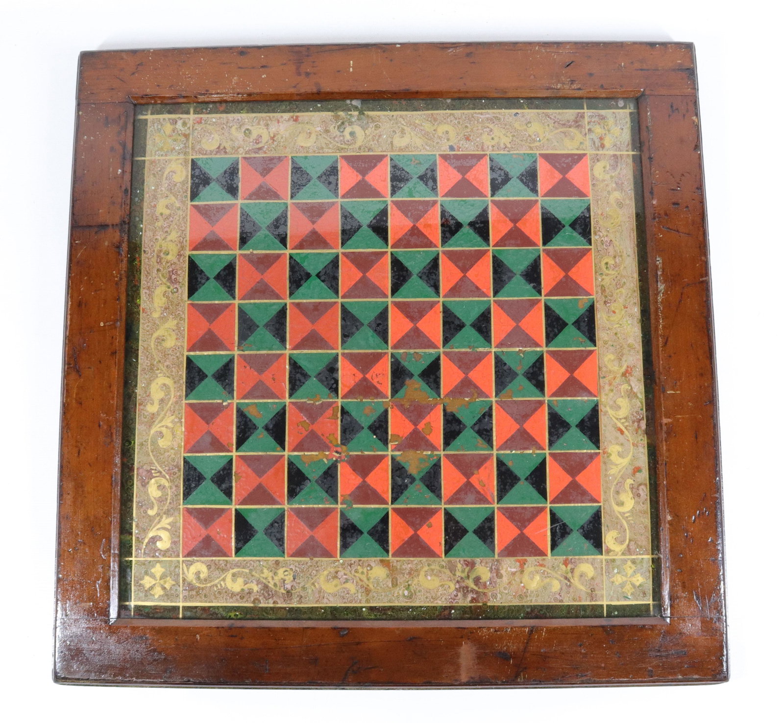 REVERSE PAINTED GAME BOARD ON GLASS: RED, GREEN, AND GOLD GAME BOARD WITH WOODEN FRAME Size: 19 1/2" X 19 1/2"