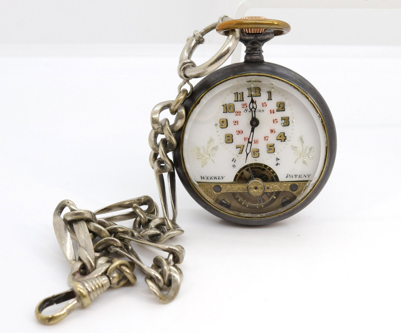 ANCRE OPEN POCKET WATCH: WEEKLY PATENT, STEEL CASE, WITH NICKEL WATCH CHAIN - 8 JOURS Size: