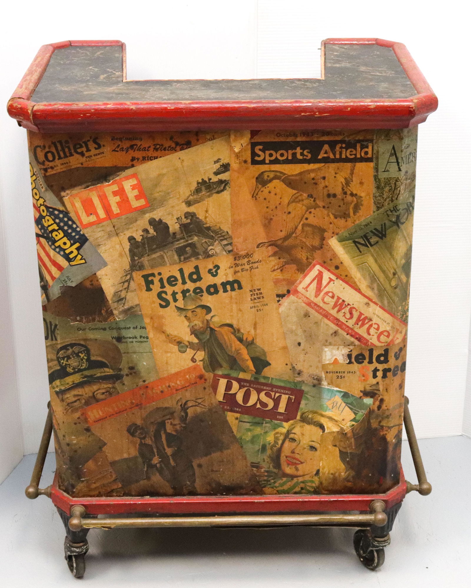 VINTAGE 1940'S DECOUPAGE BAR: CHILDS SIZE BAR MADE OF PAINTED WOOD, METAL, AND BRASS FOOT RAIL - SINGLE SWIVEL DOOR WITH SHELF - REMOVABLE TOP Size: 33 1/2" X 25" X 17"