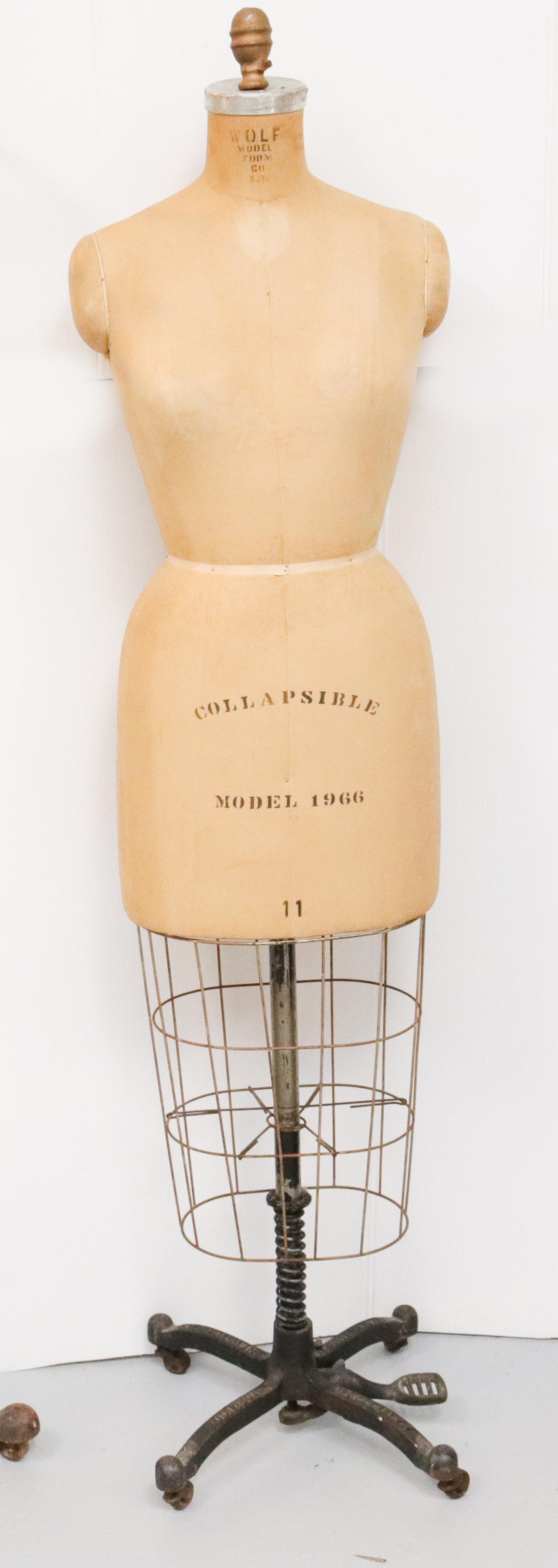 VINTAGE DRESS FORM: WOLF MODERN FORM CO. NY. MODEL# 1966 - CAST IRON, CLOTH, AND WIRE Size: 61 1/2" H