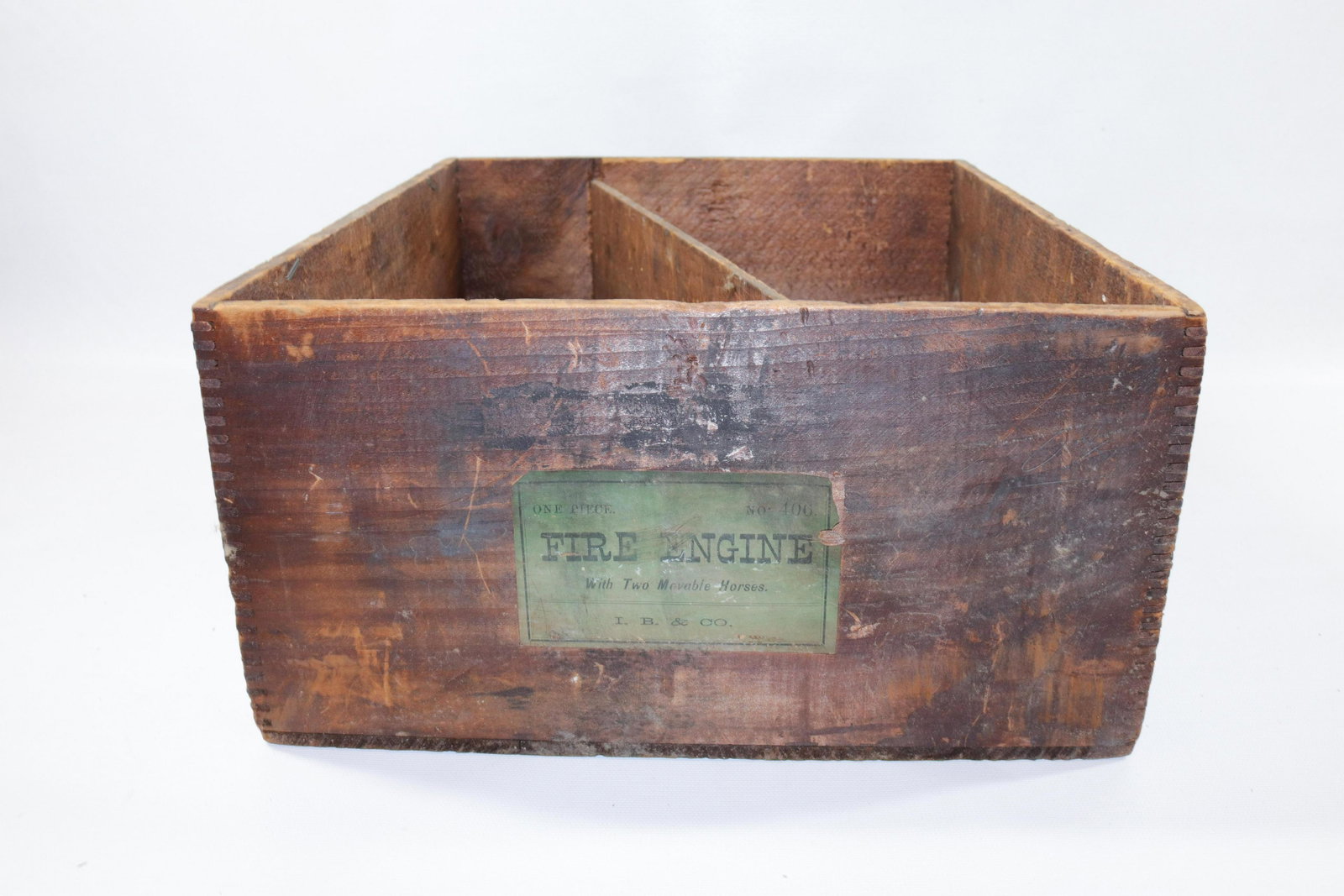 ORIGINAL IVES FIRE ENGINE BOX: WOODEN BOX ONLY WITH ORIGINAL PAPER LABEL "NO. 406, FIRE ENGINE WITH TWO MOVEABLE HORSES, I.B. & CO. Size: 6" X 14" X 11 1/2"