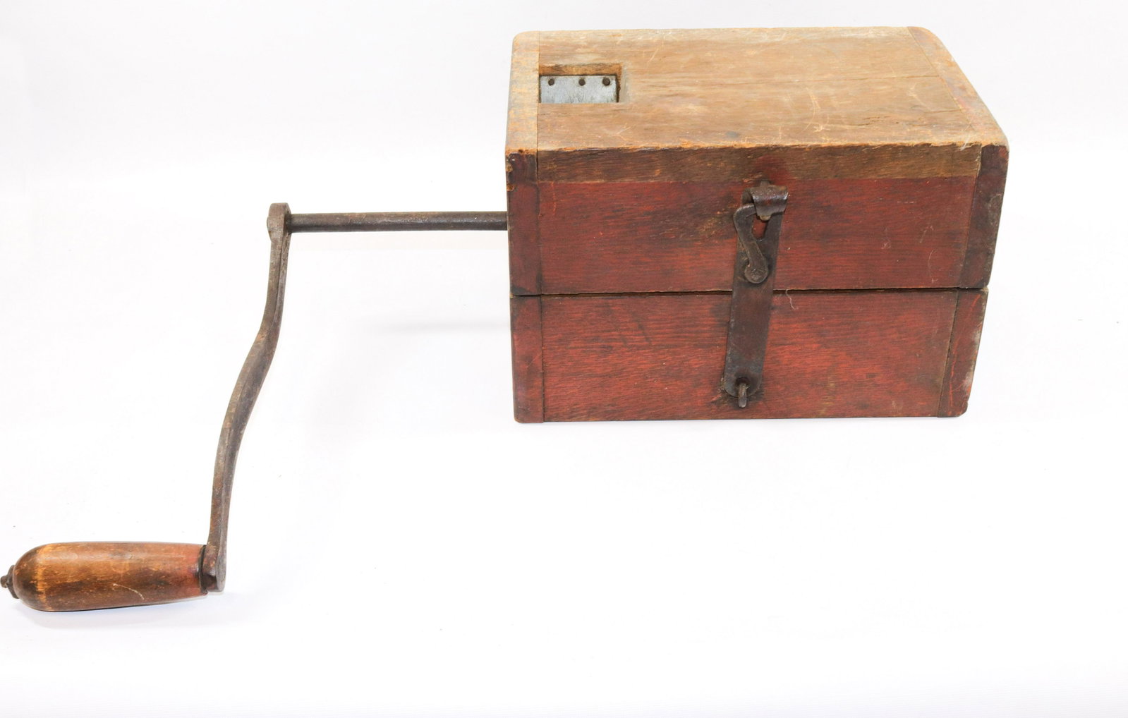 EARLY WOODEN GRINDER: PAINTED WOOD WITH IRON HANDLE AND HARDWARE. PENNSYLVANIA Size: