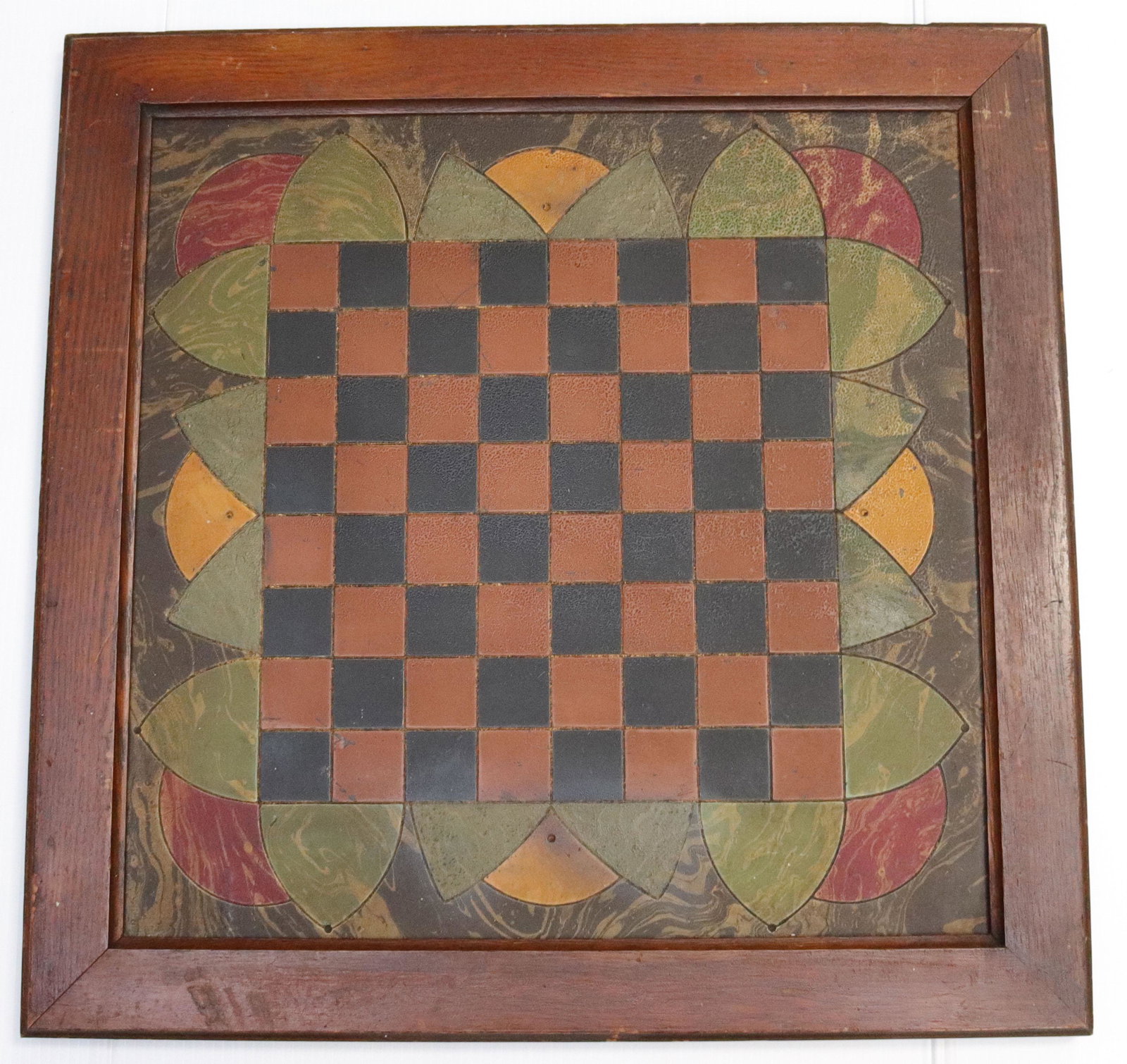 PAINT DECORATED SLATE GAMEBOARD: MARBLEIZED BOARD WITH FOLK ART PAINT DECORATION - IN FRAME Size: 24" X 24"
