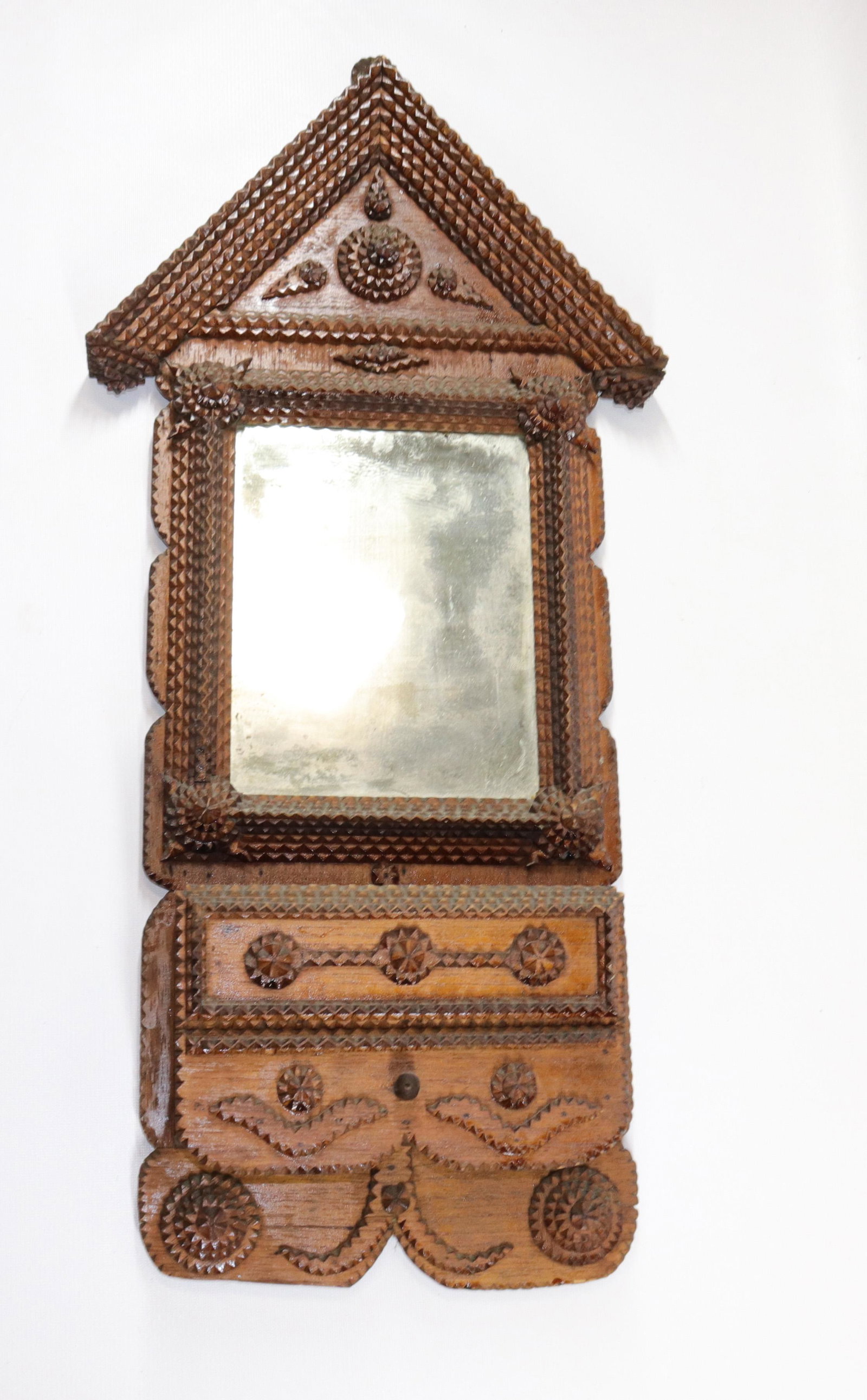 TRAMP ART WALL BOX WITH MIRROR: CHIP CARVED DECORATION MADE FROM CIGAR CRATES - MIRROR WITH WALL BOX AND SINGLE DRAWER Size: 28" X 13 1/2"