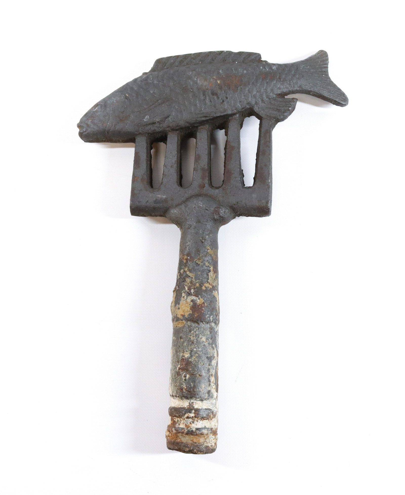 CAST IRON FISH BOOT SCRAPER: FISH ON A GIG SHAPED BOOT SCRAPER Size: 14" X 10"