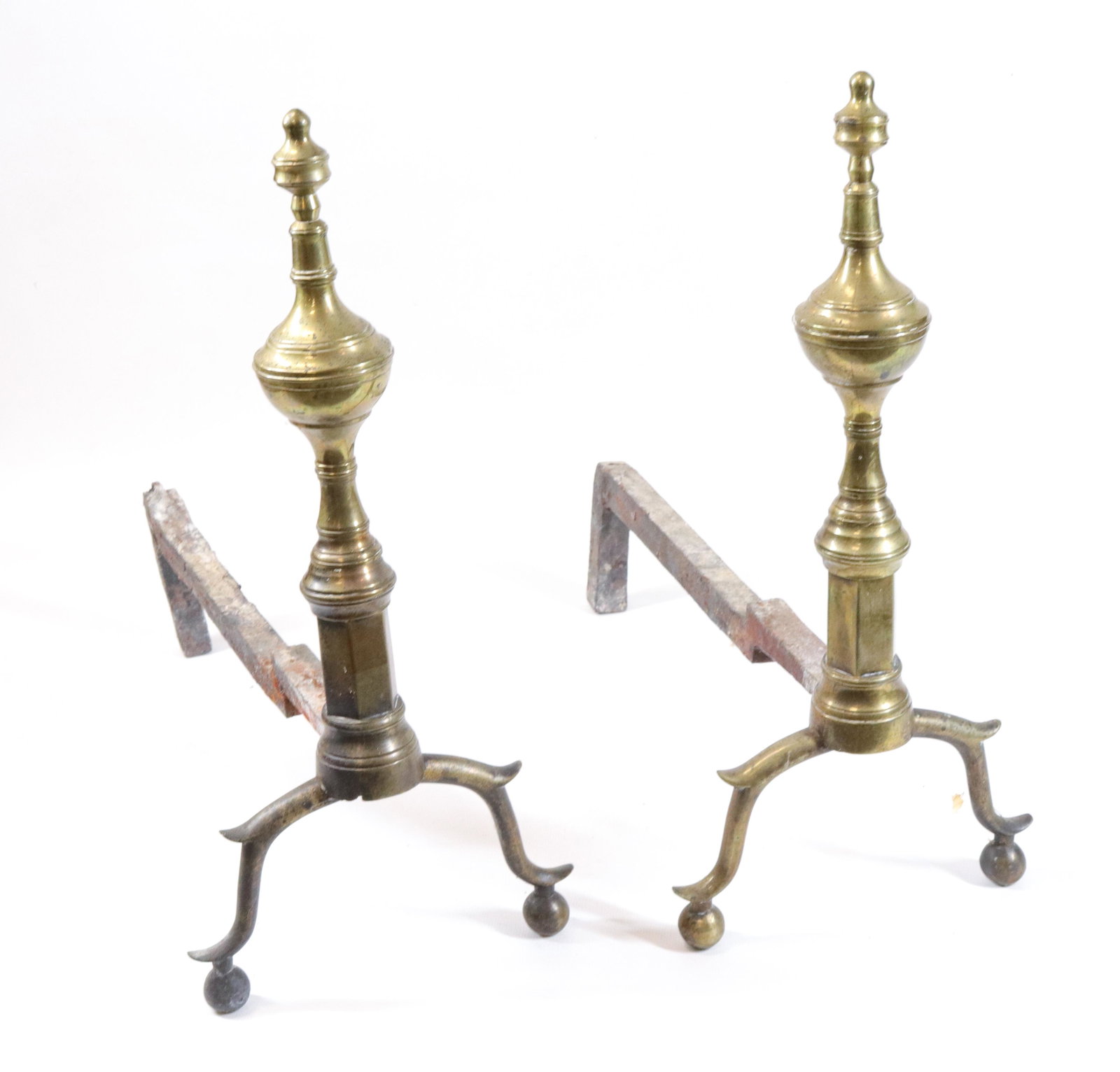 PR. OF ANTIQUE BRASS ANDIRONS: PR. OF CHIPPENDALE STYLE ANDIRONS WITH CAST IRON BASES Size: 15 1/2" X 7" X 15"