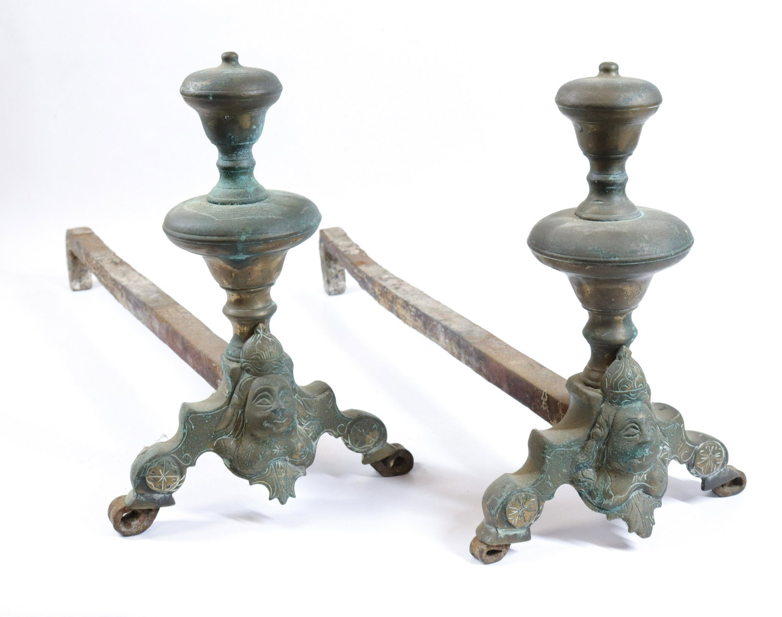 PR. OF BRASS FIGURAL ANDIRONS: DECORATED WITH WOMAN'S FACE ON FRONT - WROUGHT IRON FEET Size: 10 1/2" X 22"