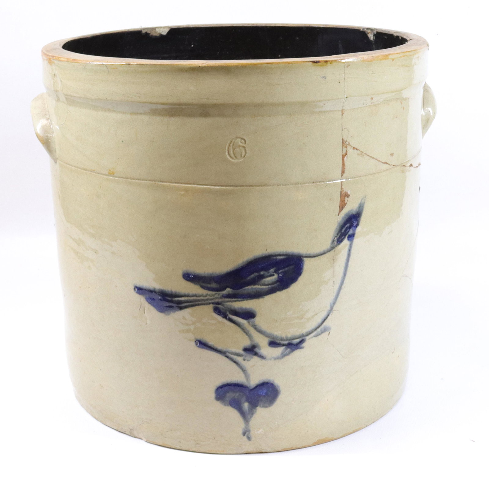 BLUE DECORATED STONEWARE CROCK: FULPER POTTERY BIRD, 6 GALLON Size: 12 1/4" X 13"