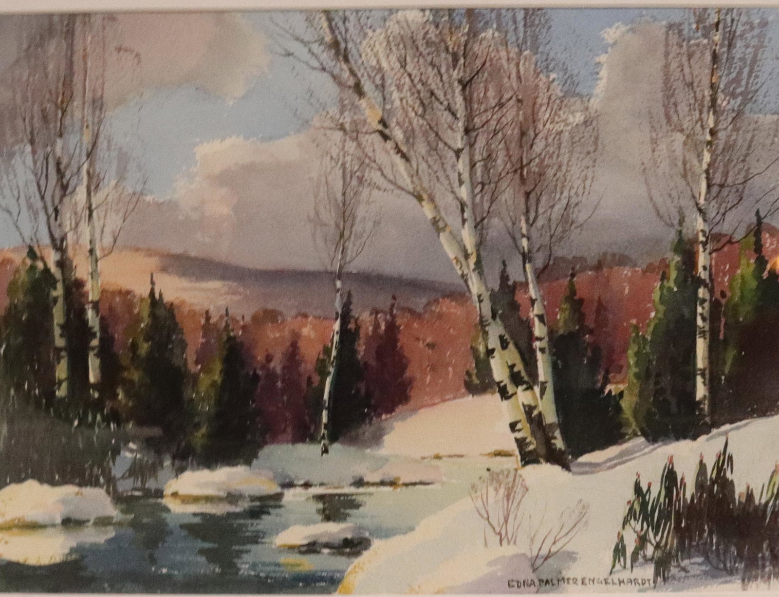 EDNA PALMER ENGELHARDT WATERCOLOR: WINTER STREAM AND FOREST SCENE AT SUNSET - FRAMED AND MATTED UNDER GLASS Size: 14 1/2" X 10 1/2"