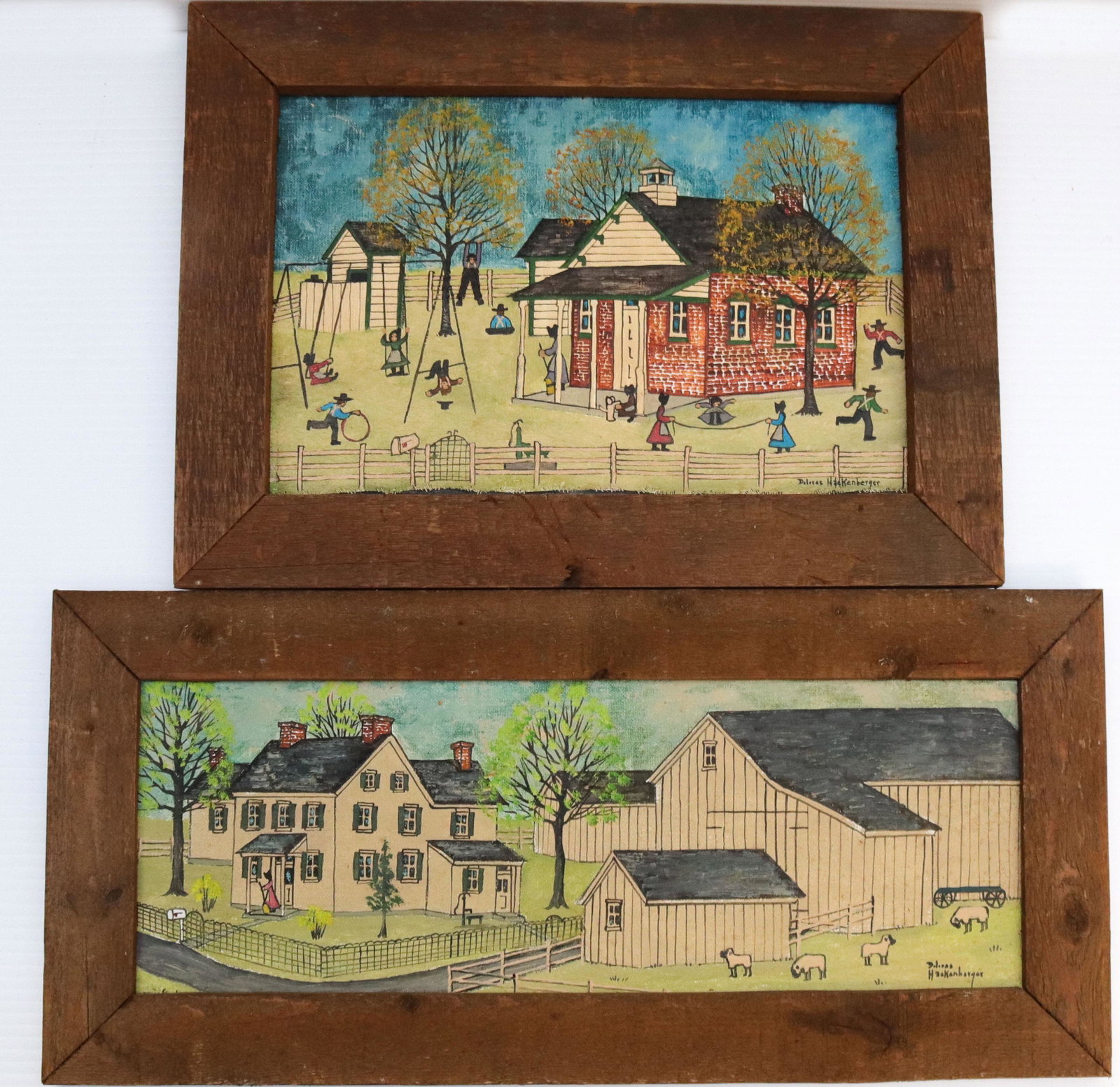 PR. OF DOLORES HACKENBERGER OIL ON BOARDS: AMISH SCHOOL SCENE WITH CHILDREN PLAYING AND AMISH BARN SCENE WITH HOUSE AND SHEEP - SIGNED AND FRAMED Size: 8" X 12" AND 16" X 6"