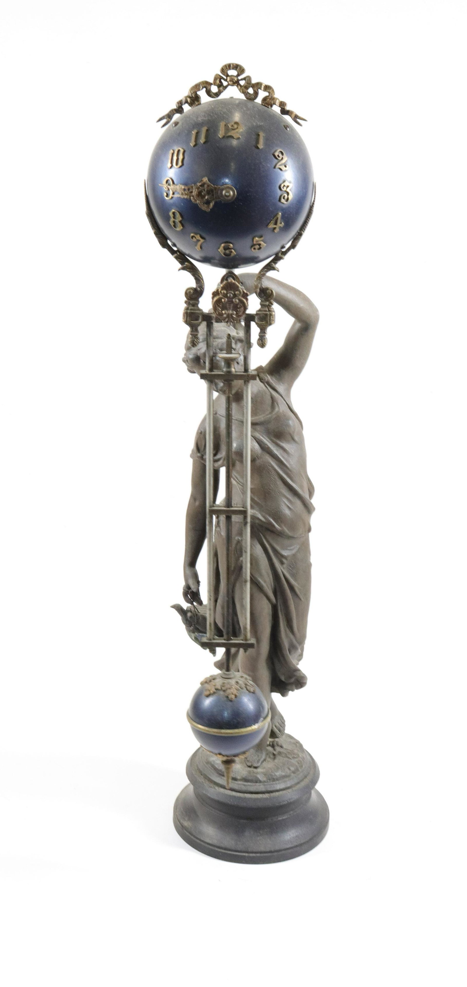 ANSONIA "DIANA THE HUNTRESS" FIGURAL MYSTERY CLOCK: SWINGING BALL MYSTERY CLOCK. NO KEY Size: 24" H