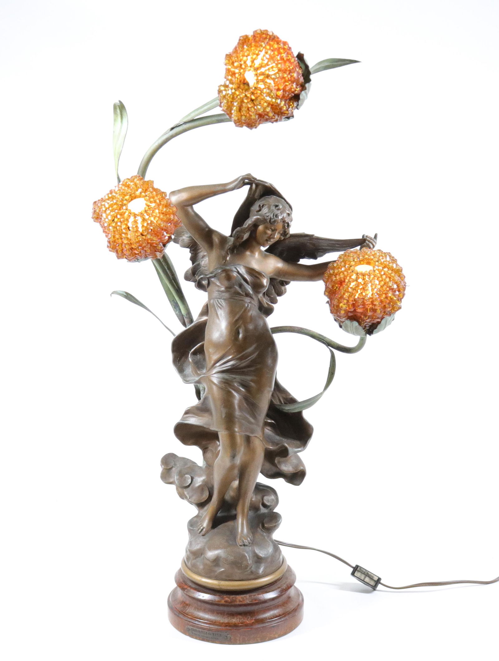 ART NOUVEAU FIGURAL NEWEL POST LAMP: CAST METAL WITH BRONZED FINISH. MRKD. AUG. MOREAU ON BACK. PLATE ON WOODEN BASE READS "CREPESCULE DU MATIN, PAR A. MOUREAU, STATUAIRE" Size: TOTAL HEIGHT 27"