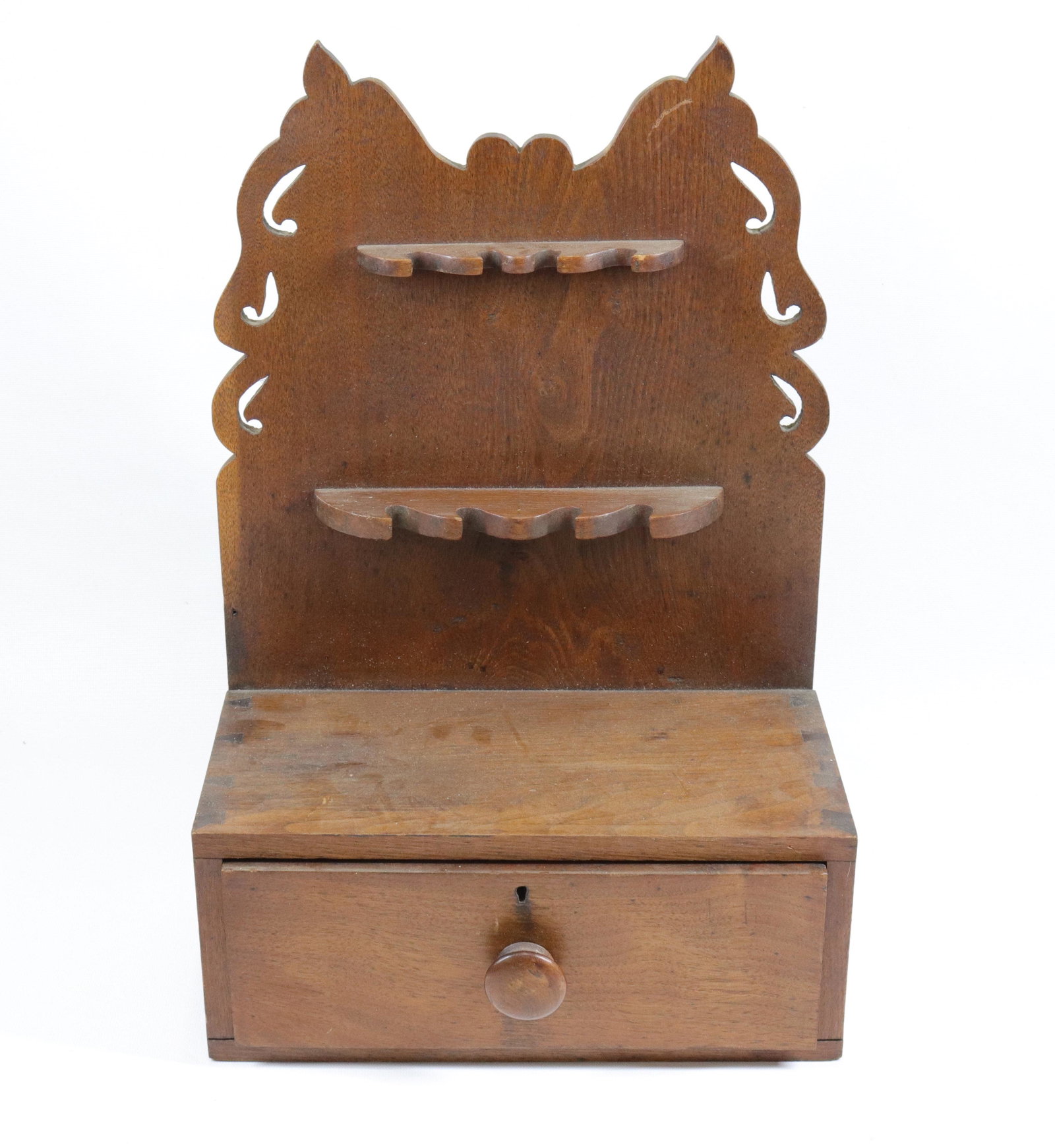 19TH C. SPOON HOLDER: HANGING RACK WITH CUT-OUT DECORATION. SINGLE DRAWER. DOVETAILED CASE Size: 18" X 12" X 6"
