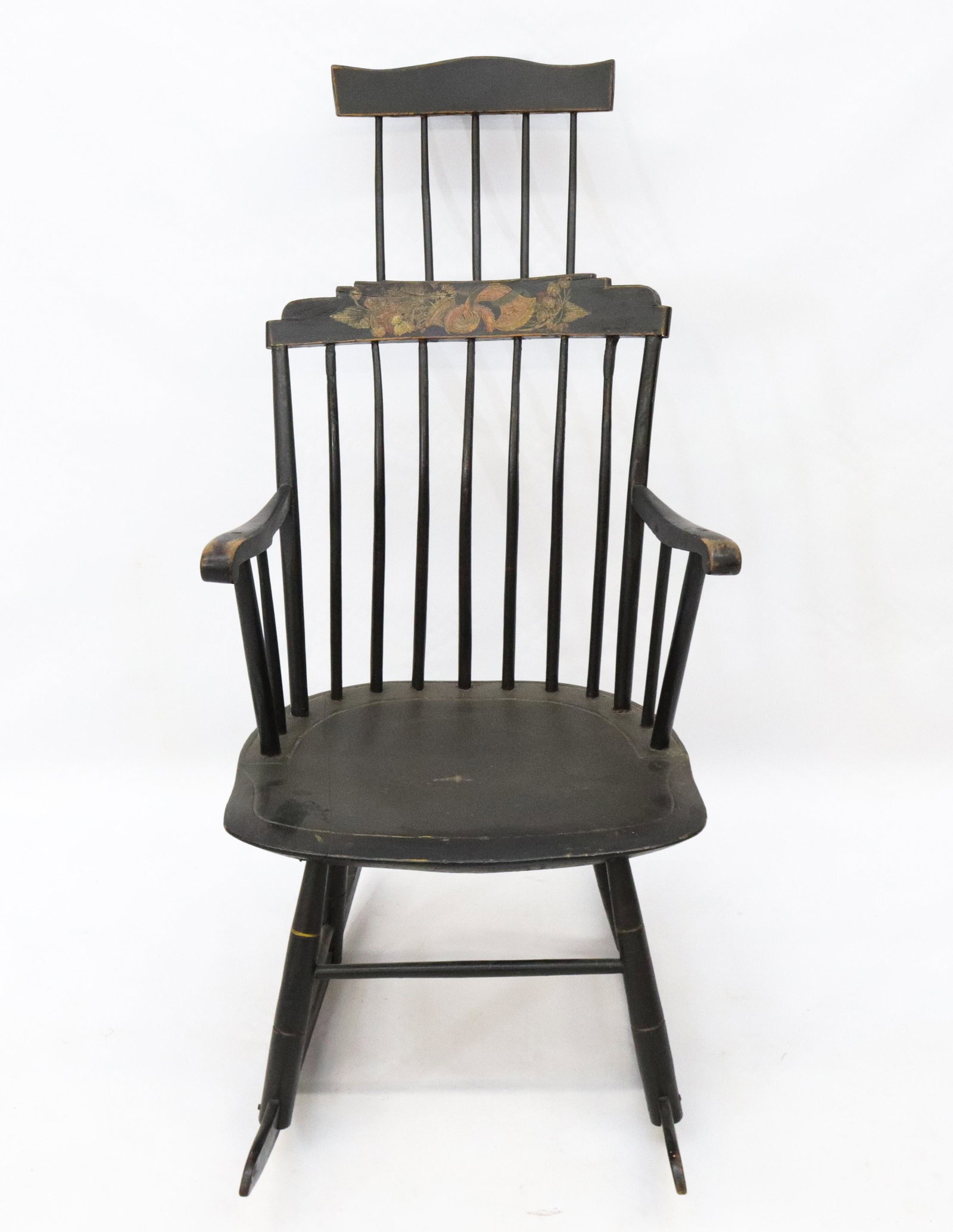 EARLY PAINTED ROCKER: STENCILED WINDSOR ROCKING CHAIR WITH FRUIT AND CORNICOPIA PATTERN Size: 41" X 21" X 17"