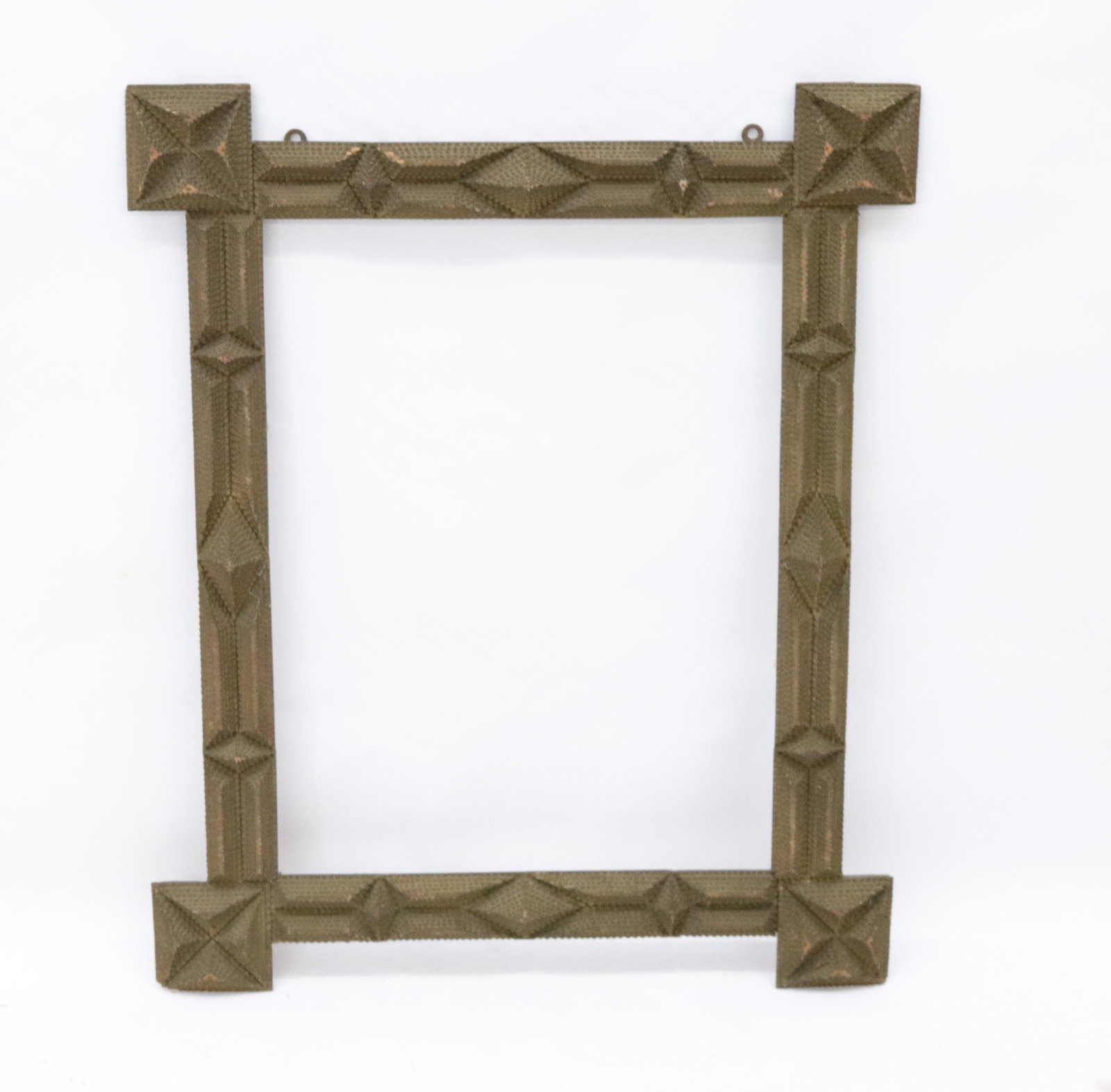 LG. TRAMP ART FRAME: CHIP CARVED WITH 6 LAYERS - GEOMETRIC PATTERN Size: OVERALL 34" X 27 1/2" - OPENING 25 1/2" X 19"