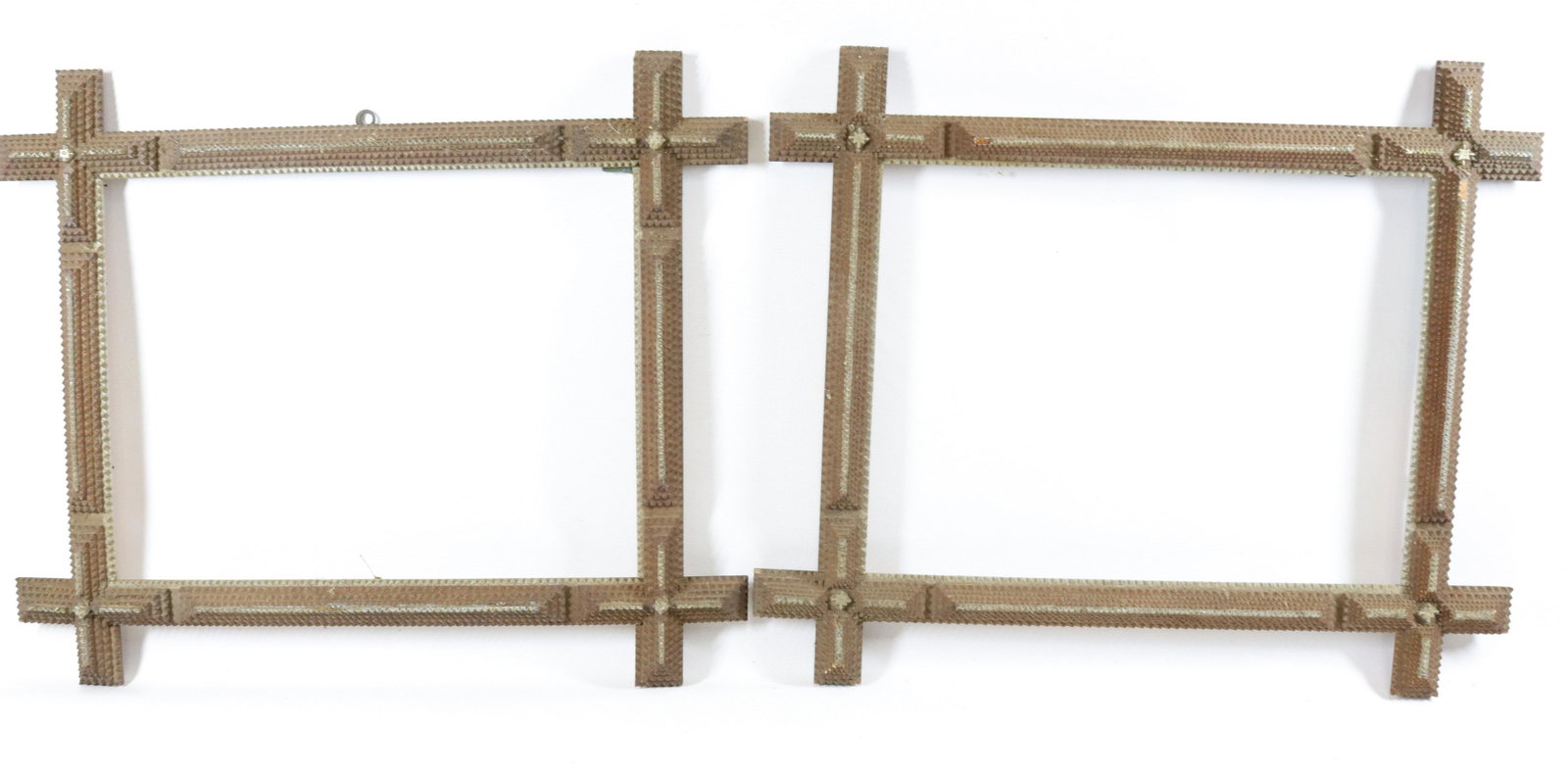 PR. OF MATCHING TRAMP ART FRAMES: CHIP CARVED WITH SILVER HIGHLIGHTS Size: TOTAL SIZE 19" X 15 3/4" - OPENING 10 1/2" X 13 3/4"