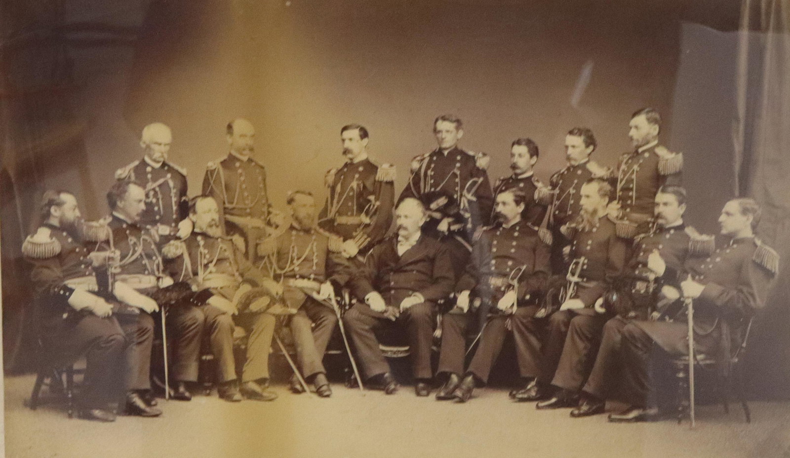 F. GUTEKUNST POST CIVIL WAR PHOTO: UNION CIVIL WAR PHOTO INCLUDING SECRETARY OF WAR, ALFRED TERRY, WESLEY MERRITT, GIBBON AMES, GEORGE MEAD, AND OTHER DISTINGUISHED ARMY OFFICERS Size: FRAMED 12" X 18"