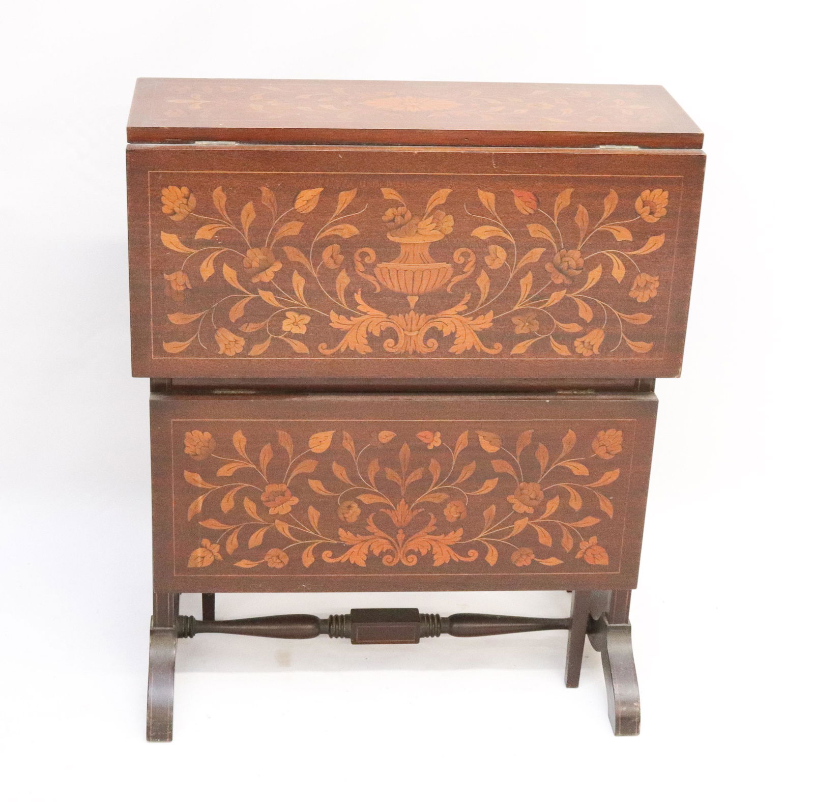 TWO-TIER MARQUETRY DROP LEAF TABLE: MAHOGANY DROP LEAF TWO-TIER TABLE WITH FLORAL AND URN PATTERN Size: 26" X 22" X 26" (OPEN)