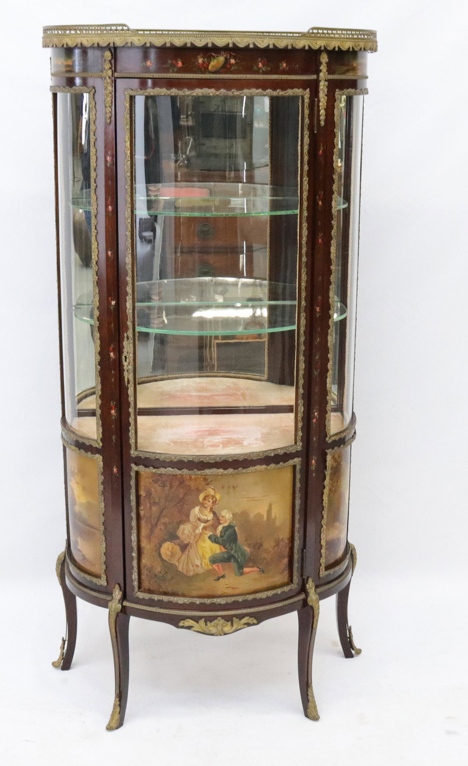 20TH CENTURY FRENCH VITRINE CABINET: PAINTED WITH ROMANTIC SCENE PANELS - BRASS MOUNTS WITH HEART CUTOUTS Size: 58 1/2" X 27" X 13 1/2"