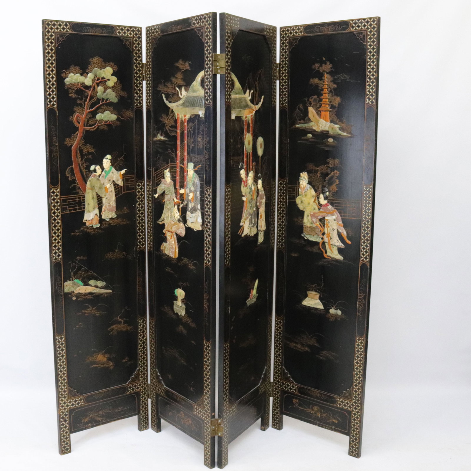 CHINESE FOLDING SCREEN: 4 SECTION FOLDING SCREEN WITH HARDSTONE DECORATED PANELS - BLACK LACQUER Size: 72" X 72" (PANELS 18")