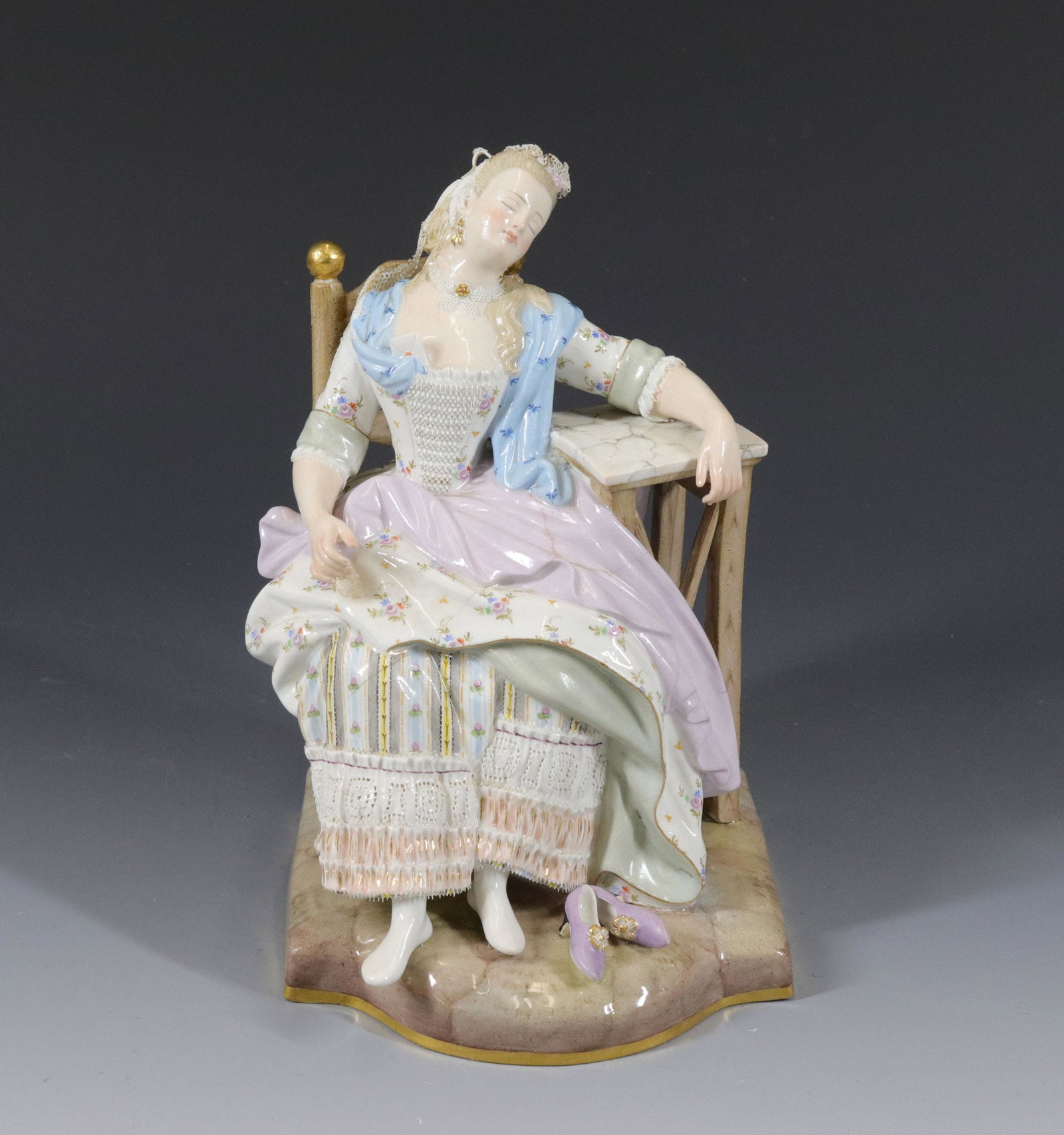 MEISSEN FIGURINE: NAPPING WITH LOVER LETTER IN HER BODICE 7 1/2" X 5"