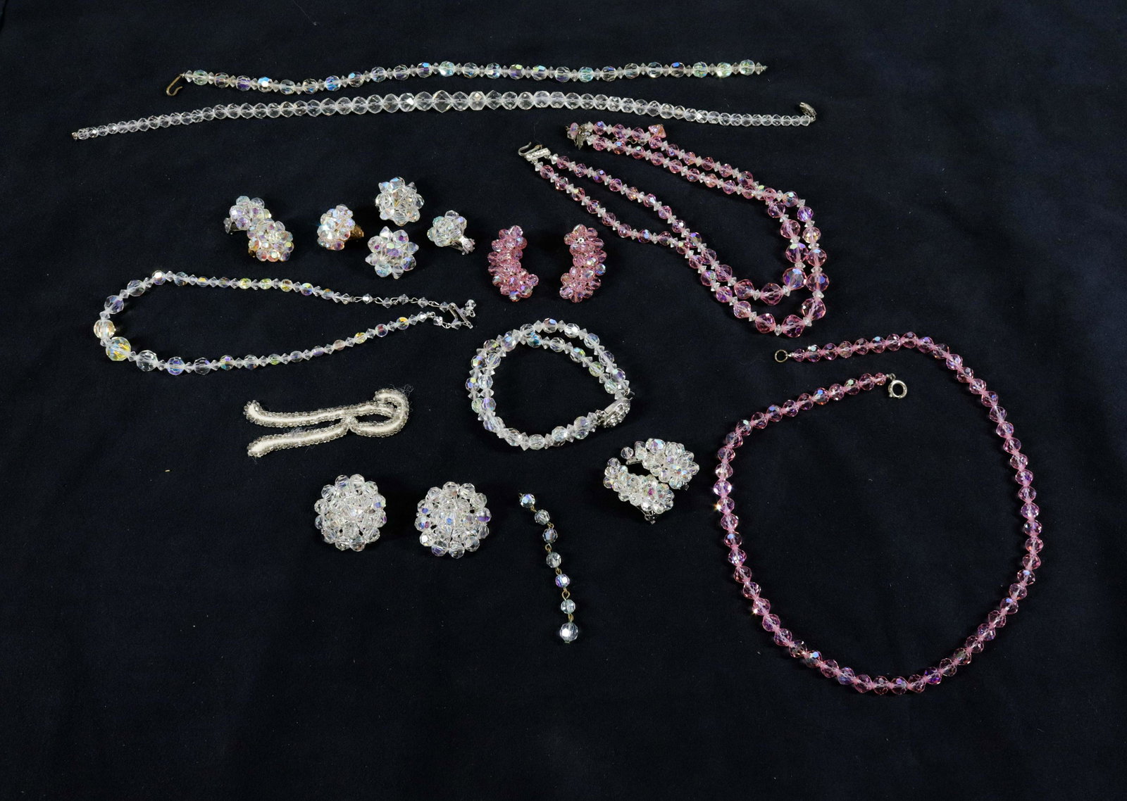 TRAY LOT OF CZECH CRYSTAL JEWELRY: (5) NECKLACES, (6) PAIR EARRINGS, AND BRACELET