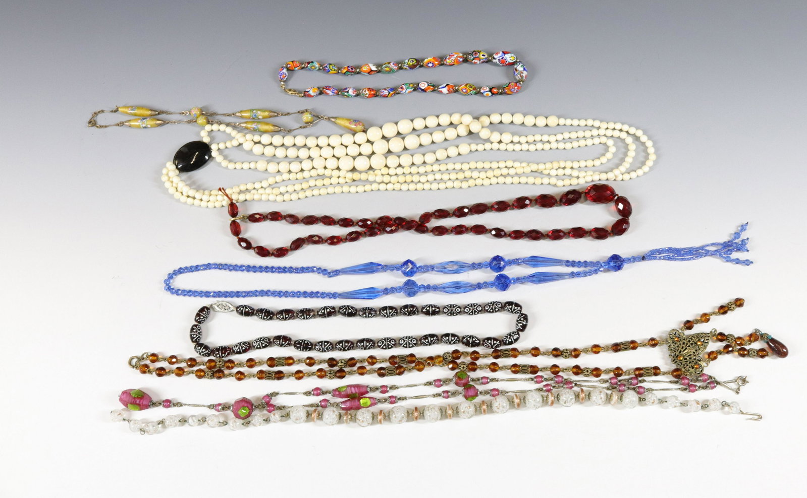 VINTAGE CZECH AND BONE BEAD LOT: (6) CZECH - CHERRY AMBER, MILLEFIORI, AND TRIPLE STRAND BONE BEADS