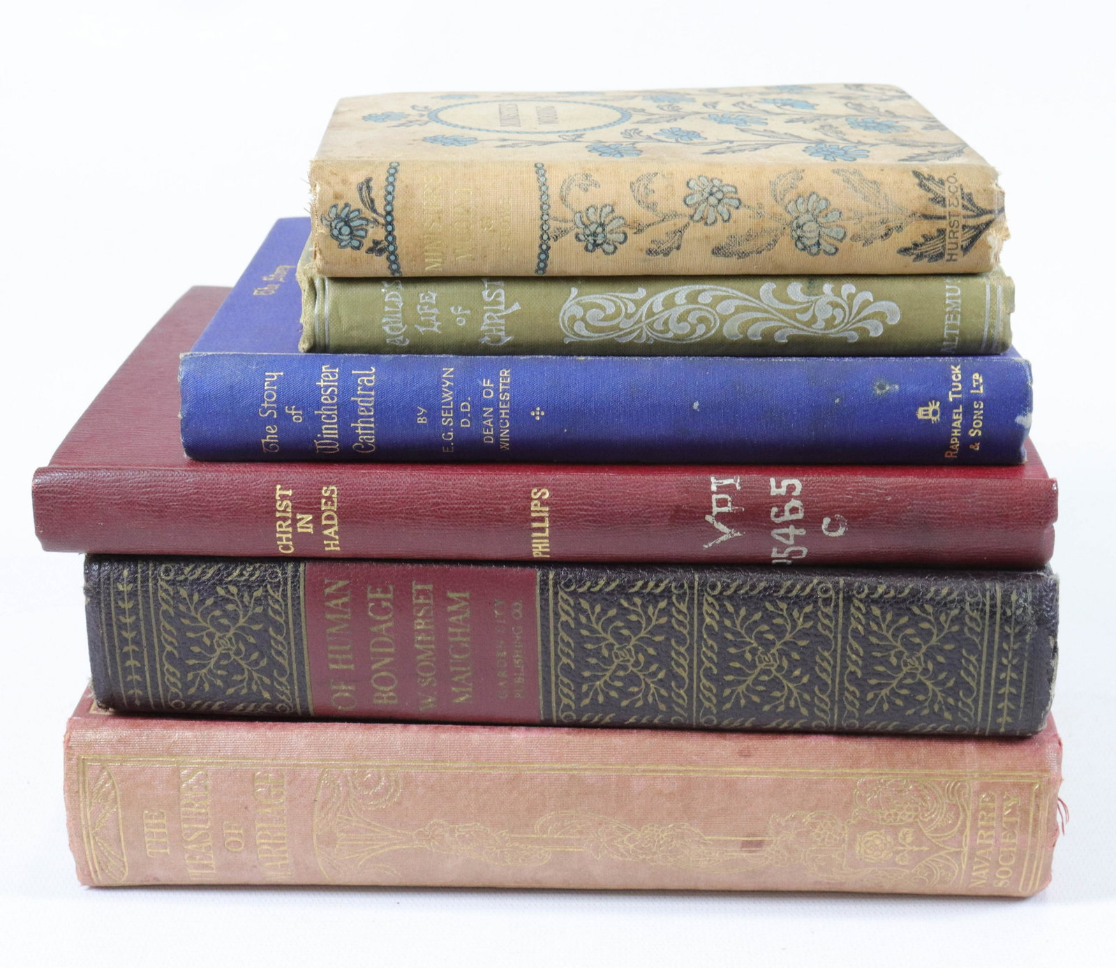GROUP LOT OF VINTAGE BOOKS: (6) INCLUDING: THE TEN PLEASURES OF MARRIAGE, 1922. OF HUMAN BONDAGE, 1939. CHRIST IN HADES BY STEPHEN PHILLIPS, EX-LIBRARY BOOK. THE STORY OF WINCHESTER CATHEDRAL, 1934. A CHILD'S LIFE OF CHRIST, 189