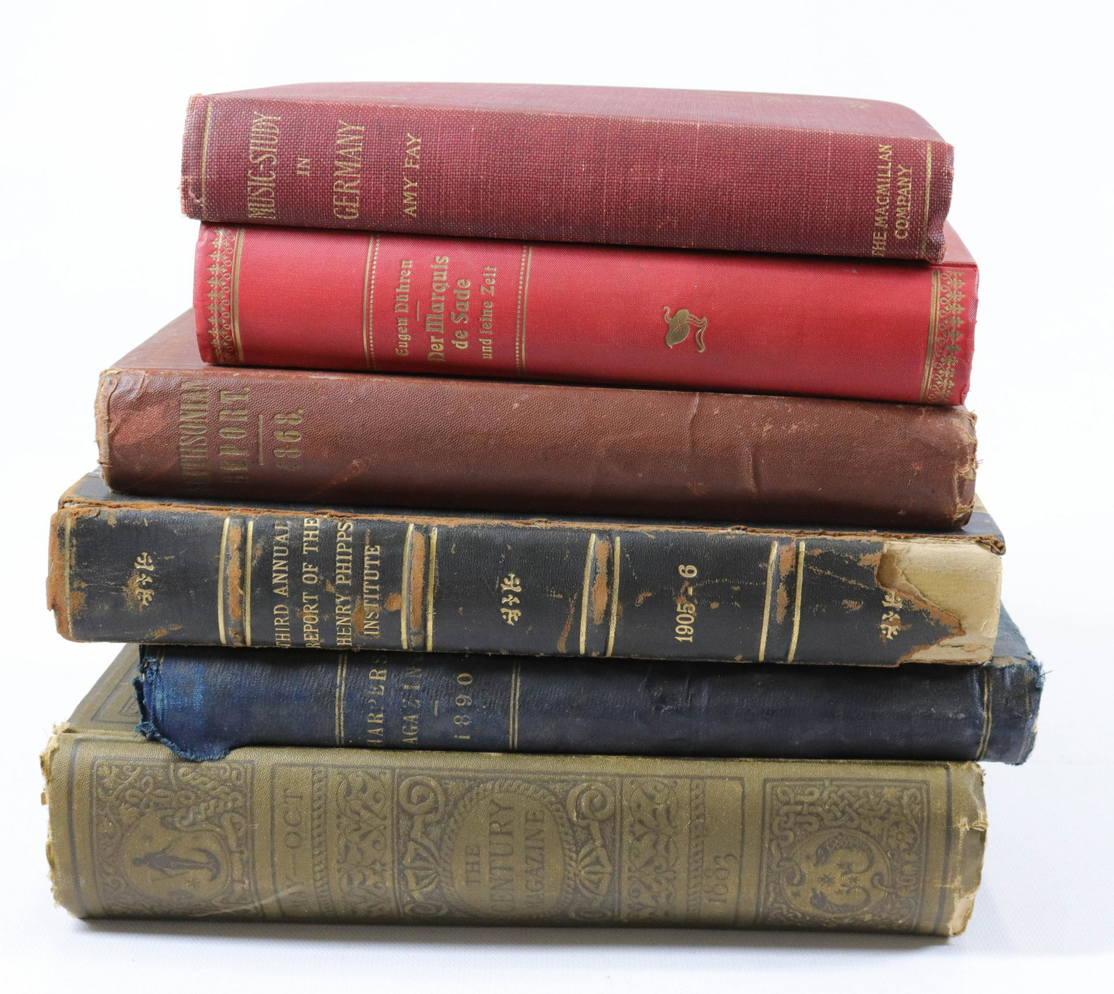 GROUP LOT OF VINTAGE BOOKS: (6) INCLUDING: MUSIC-STUDY IN GERMANY, 1896. DER MARQUIS DE SADE, 1927. SMITHSONIAN REPORT 1868, 1869. THIRD ANNUAL REPORT OF THE HENRY PHIPPS INSTITUTE, 1907. HARPERS MAGAZINE, 1890. THE CENTURY MAGA