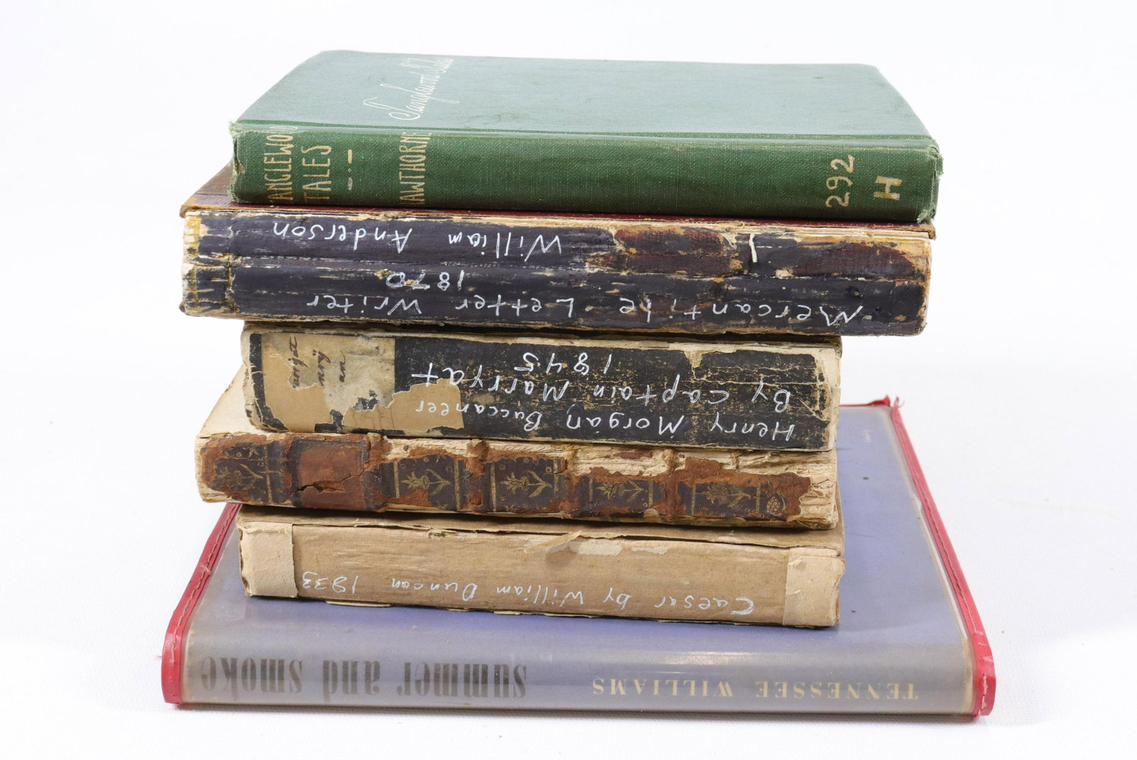 GROUP LOT OF VINTAGE BOOKS: (6) INCLUDING: CAESAR VOL.II, 1833 (MISSING COVER), LA HENRIADE, 1746 AMSTERDAM (MISSING FRONT COVER). SIR HENRY MORGAN, 1845 STUTTGART. TANGLEWOOD TALES, 1887. PRACTICAL MERCANTILE LETTER-WRITER, 187