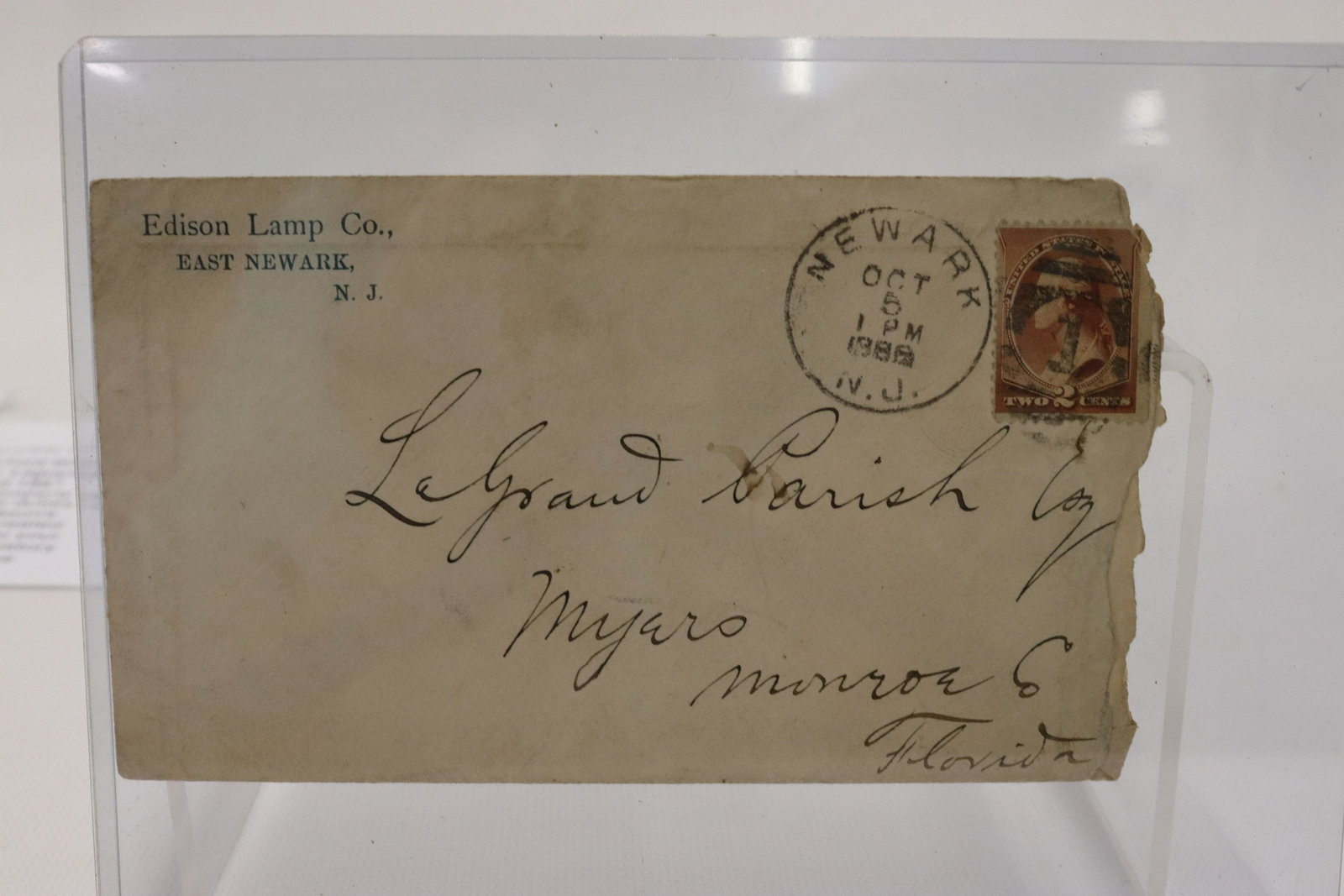 ENVELOPE TO THOMAS EDISON ASSOCIATE: ENVELOPE TO LEGRAND PARISH DATED 1886 IN FLORIDA