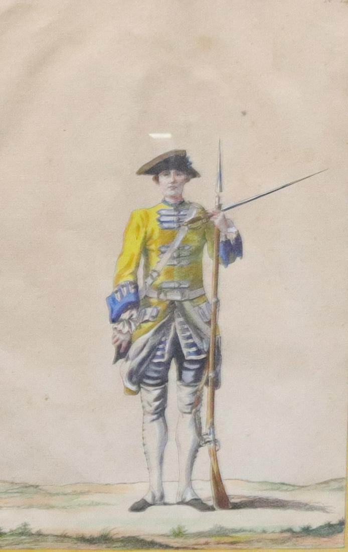 HAND COLORED FRENCH ENGRAVING: SOLDIER WITH TRICORN HAT AND GUN WITH BAYONET. MRKD. SR BAIEDOIUN 20" X 15" TOTAL SIZE