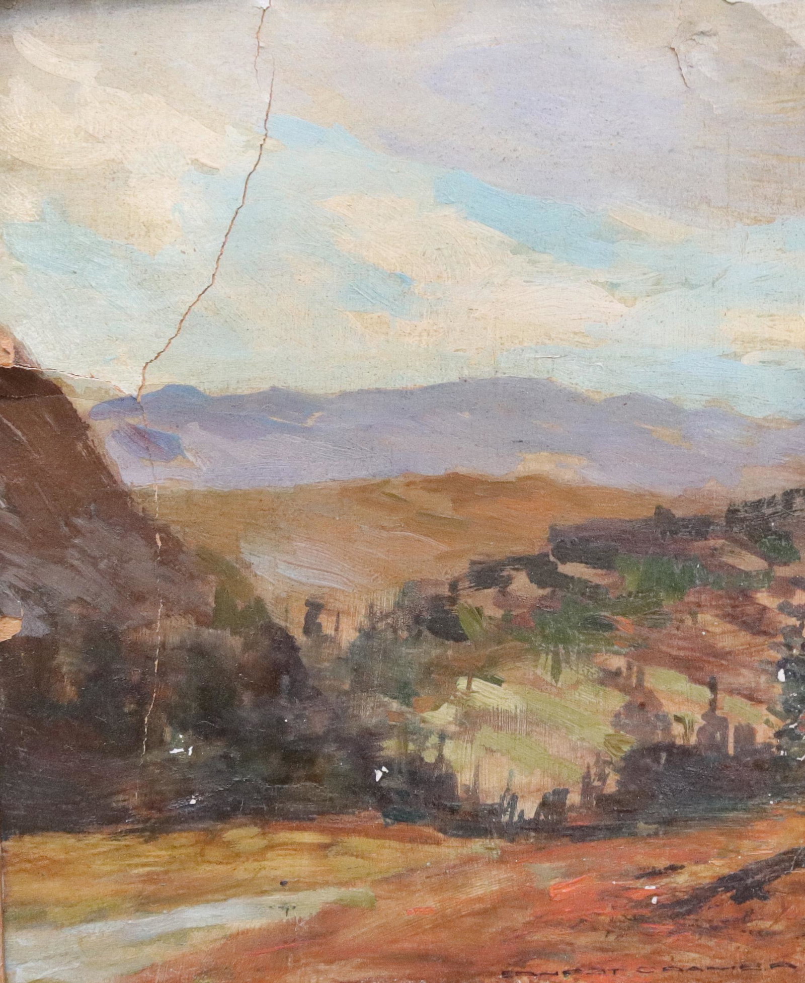 ERNEST CRAMER OIL ON BOARD: LANDSCAPE WITH MOUNTAINS IN BACKGROUND 10 1/2" X 9"