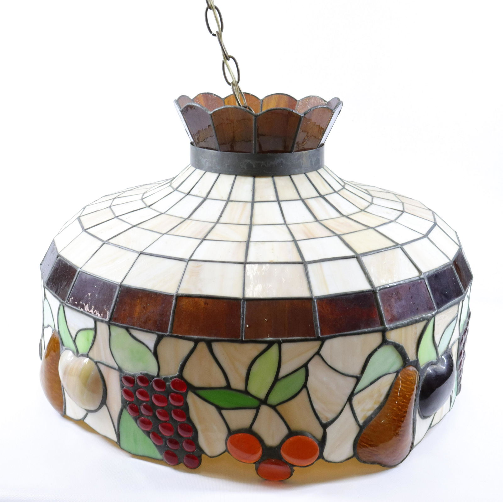 LEADED GLASS SHADE: HANGING LIGHT WITH CHAIN AND FIXTURE - SIGNED "THE GLASS CRAFTERS" 14" X 22"